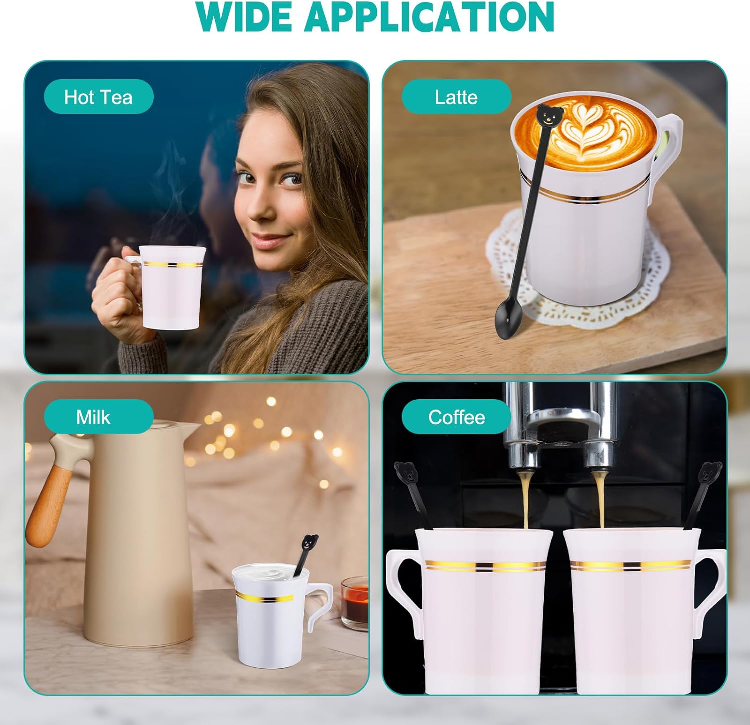 Bokon 100 Pcs Plastic Coffee Tea Cups Reusable 8 oz White Coffee Mugs Bulk with Handle and Spoon with Gold Rim Espresso Cup for Tea Cafe Milk Dessert Shop - Image 6