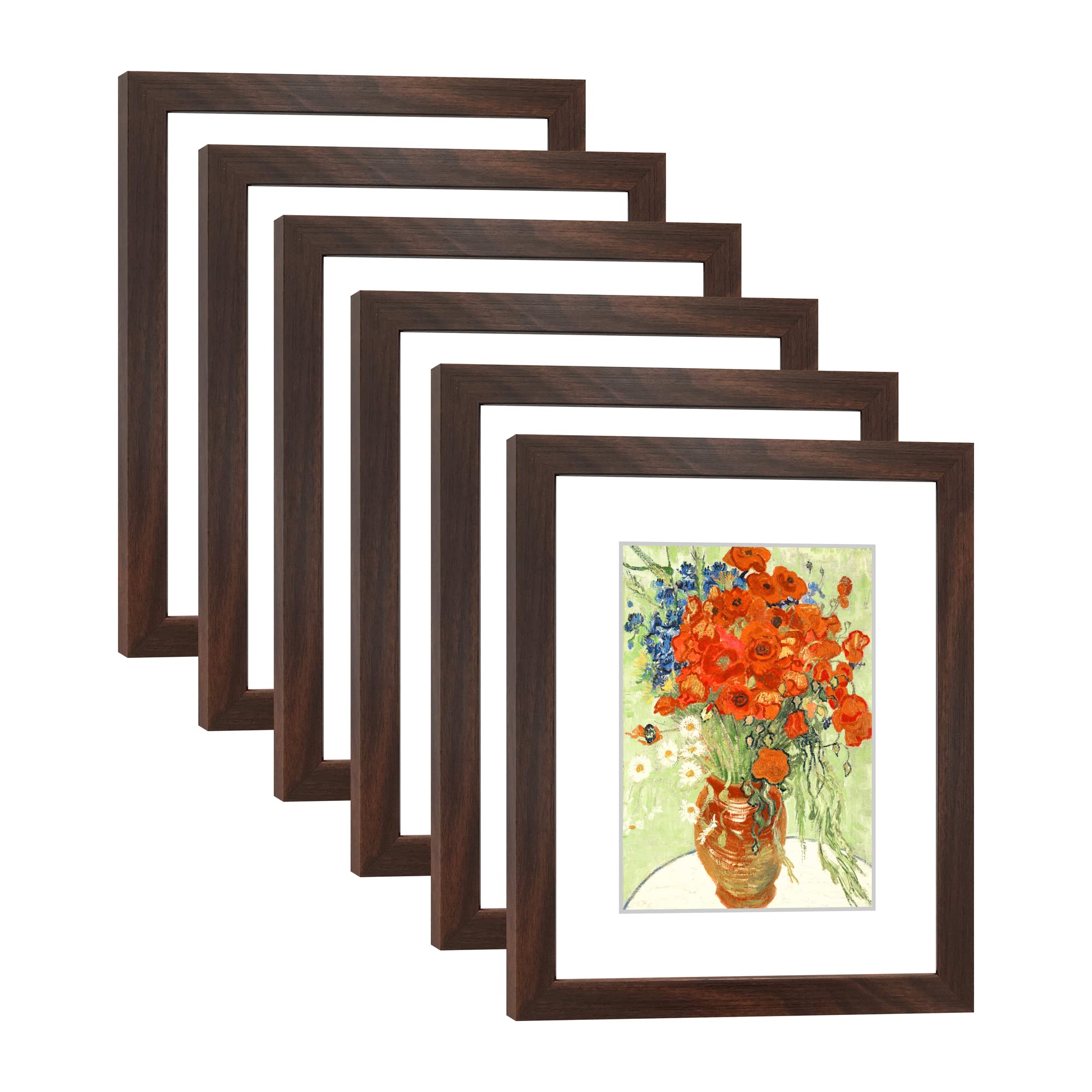Zestaw 6 ramek na zdjęcia 8 x 10 z prawdziwym szkłem do zdjęć 15 x 18 cm z matą lub 8 x 10 bez maty, galerii ściennej lub stołowej, ramki na zdjęcia, orzech włoski