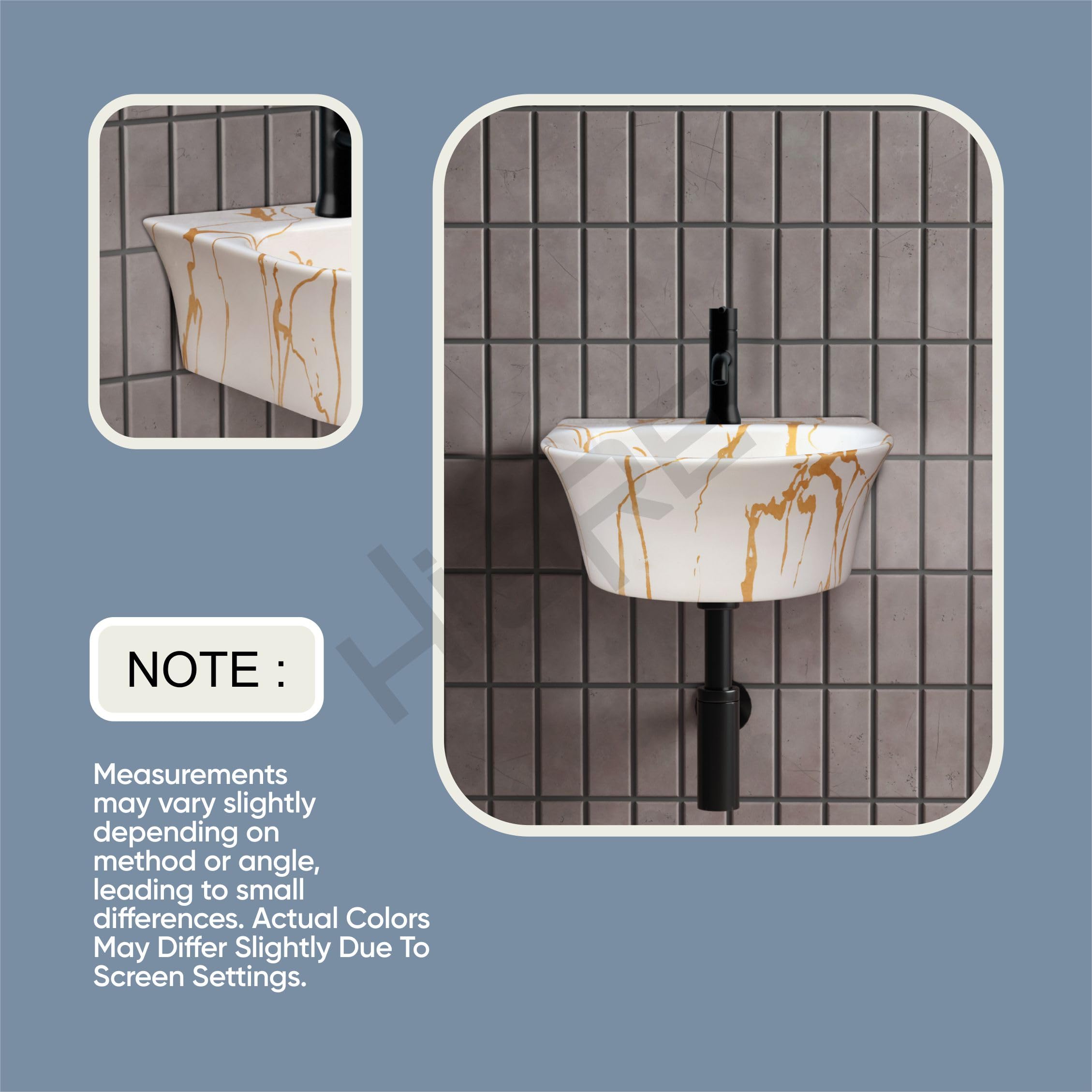 HISRE Wall Mount Wash Basin | Modern White and Golden Marble Design Ceramic Sink | Compact Rectangular Bathroom Basin for Home, Office & Hotels, photo 5 of 5