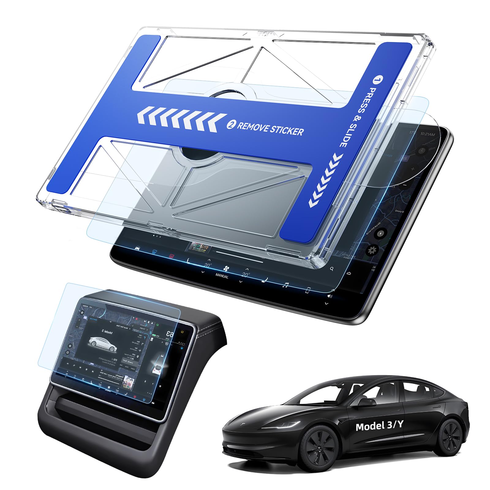 15,4"+8" Protecteur Ecran Mat pour Model Y 2025/3 2024-2026 | 2Pcs Film de Protection Écran Avant et Arrière, Model Y Juniper, avec Kit Alignement, 9H Verre Trempé, Tesla Model 3 Highland