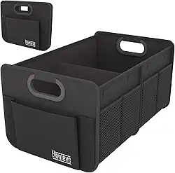 Homeve Organizador de porta-malas para carro, alças reforçadas, organizadores de carro dobráveis com vários compartimentos, dobrável e impermeável, poliéster Oxford 600D (preto, 2 comparativos)