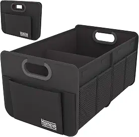 Homeve Organizador de porta-malas para carro, alças reforçadas, organizadores de carro dobráveis com vários compartimentos, dobrável e impermeável, poliéster Oxford 600D (preto, 2 comparativos)