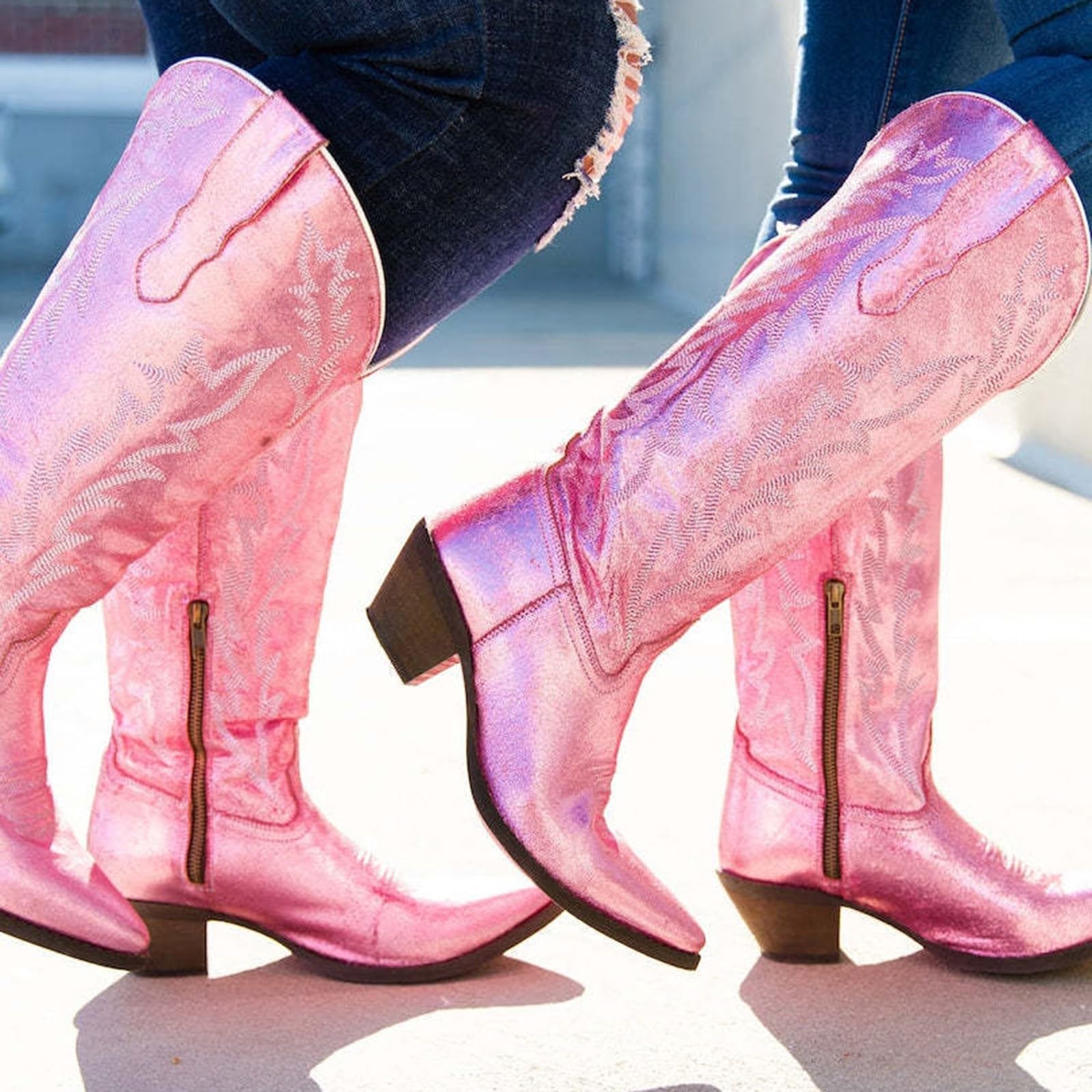 Stivali da cowboy da donna, vestibilità larga, tacco medio, retrò, a punta, stile country, stile casual, ricamati in stile country, stivali classici da donna, in pelle, per feste e balli