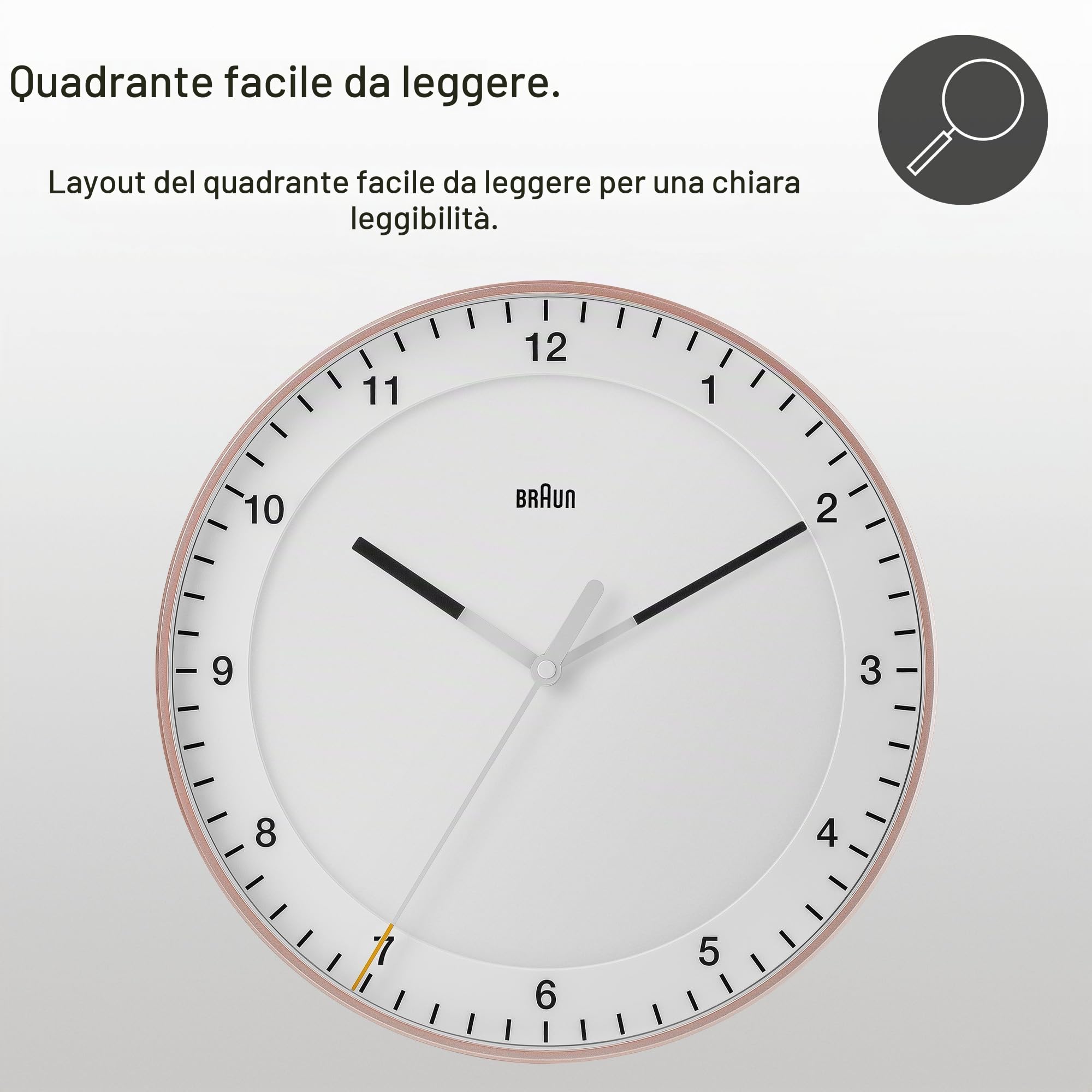 Braun Orologio da parete analogico classico grande con movimento silenzioso, facile da leggere, diametro 30 cm in rosa e bianco, modello BC17PW.