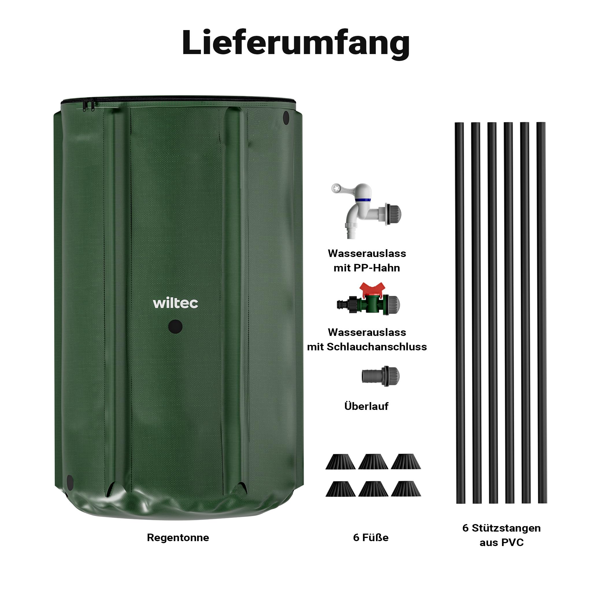 Wiltec Faltbare Regentonne 250 l mit Deckel, Regenfass aus 620 g/m² PVC, Regenwassertank mit Wasserhahn, Wasserspeicher Garten mit Schlauchanschluss
