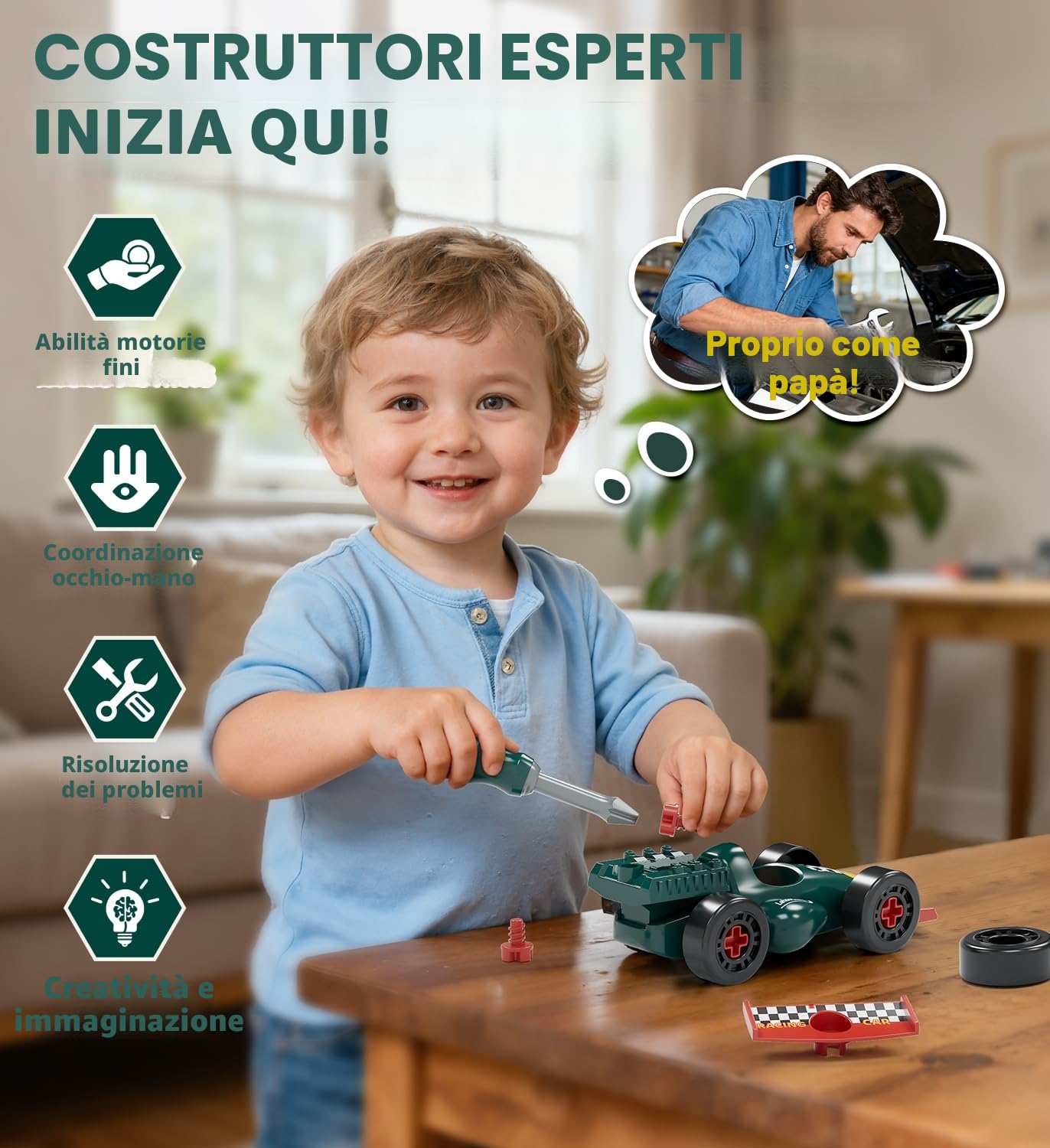 Lehoo Castle Cassetta Attrezzi Bambini con Trapano Giocattolo ＆ Auto da Corsa Giocattolo per Bambini, Regalo di Ruolo Montessori da 3 4 5 6 Anni Ragazzi Ragazze