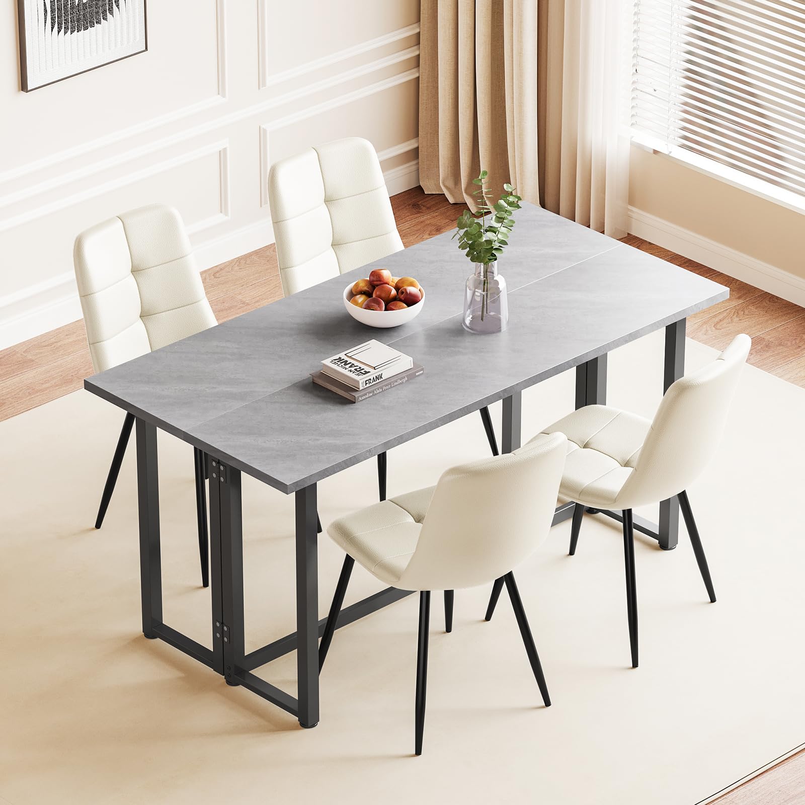 Luxstein Extendable Dining Table and Chairs Set 4,Grey Folding Table with Upholstered 4 Beige PU Leather Chairs for Dining Room,Kitchen