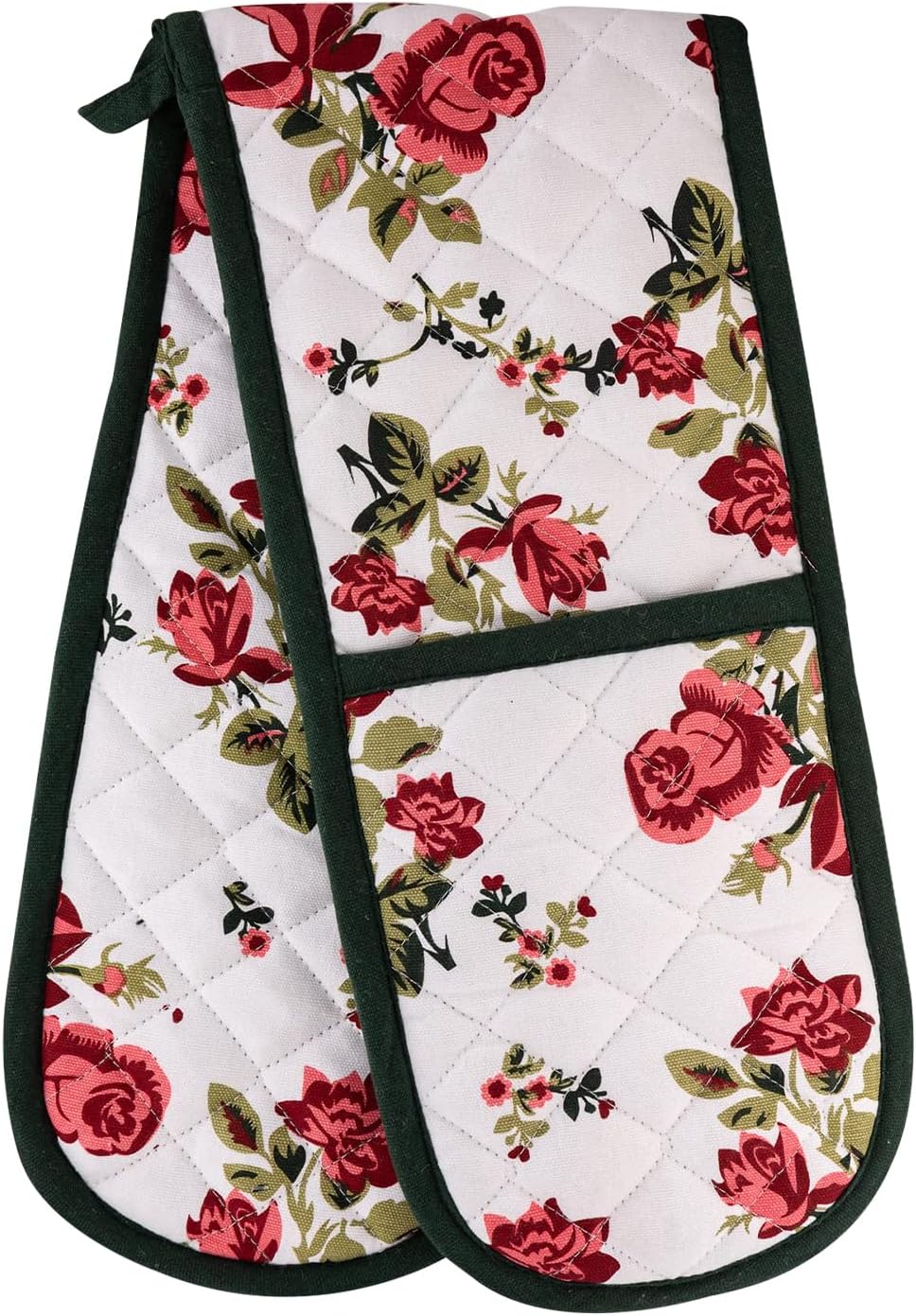 Kitchen BBQ Modern Fun Roses Double Oven Mitts Gloves | Extra Long & Thick, Heat Resistant | Quilted Cloth Attached 1 Piece Oven Gloves | 100% Cotton Pretty Red Rose Flower Pattern Pot Holder