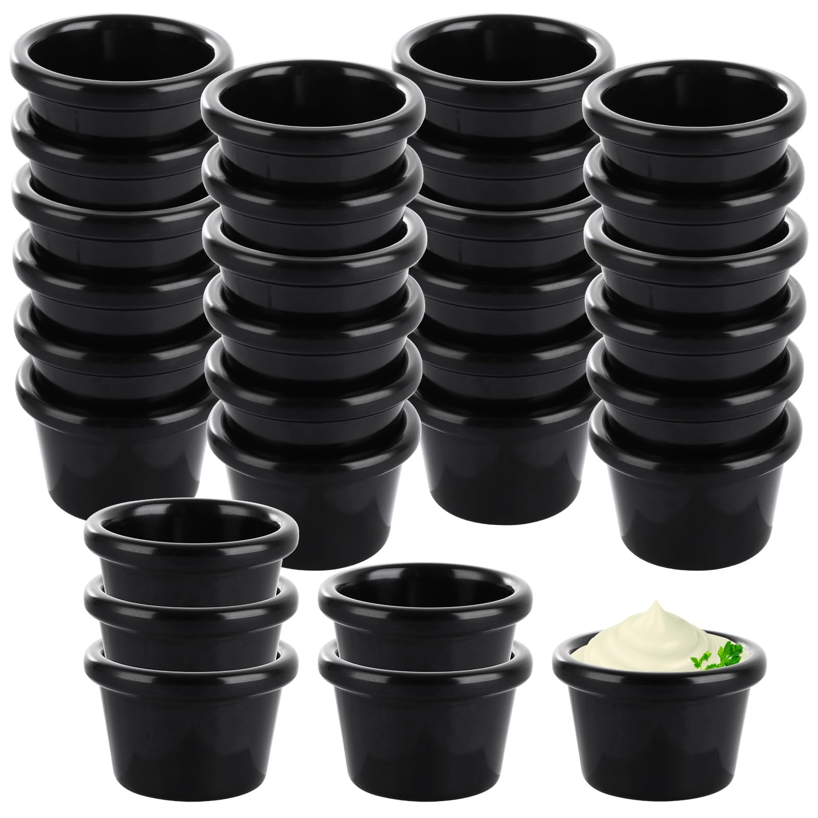 30 platos de salsa de melamina, macetas tradicionales de 1.5 onzas para condimentos (negro), tazas redondas reutilizables, cuencos pequeños para salsas, apto para lonchera, picnic y viajes
