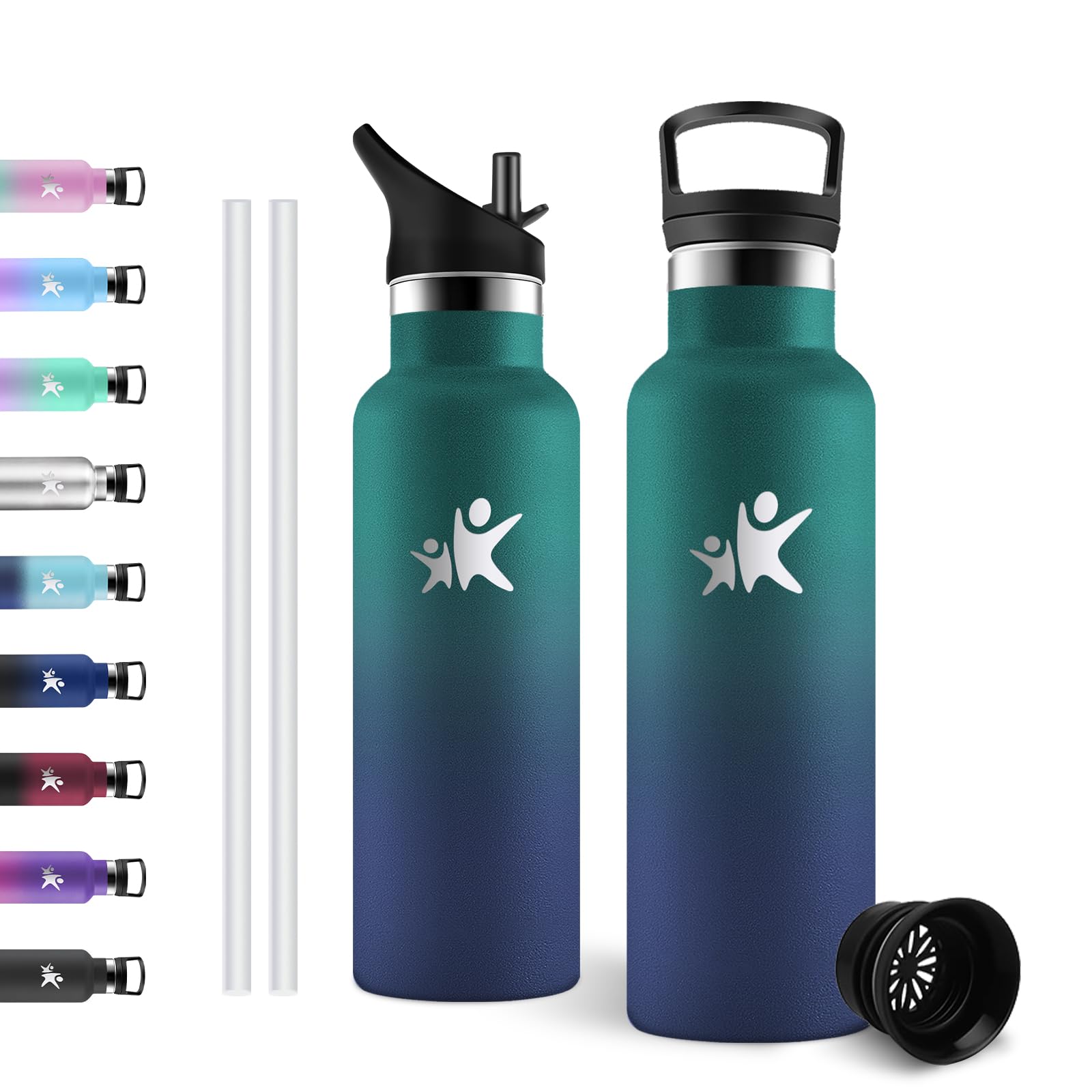 Japoria Dark Green + Dark Blue Drinking Bottle 500 Ml, Thermos Bottle With Straw, Suitable For Carbonated Drinks, Bpa-Free, Leak-Proof For School, Office, Running, Bicycle