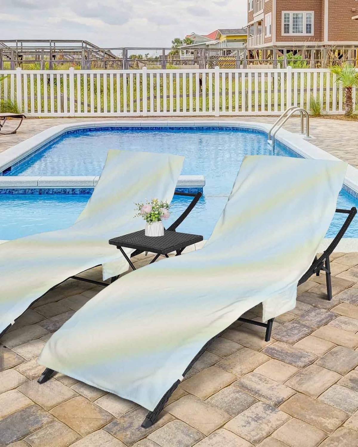 Abstract Ombre Beach Pool Patio Lounge Chaise Chair Cover Towel With Pockets,Absorbent & Quick Dry Microfiber Towel Cover Bag Summer Accessories for Sunbathing Minimalistic Blue Geometric Stripes