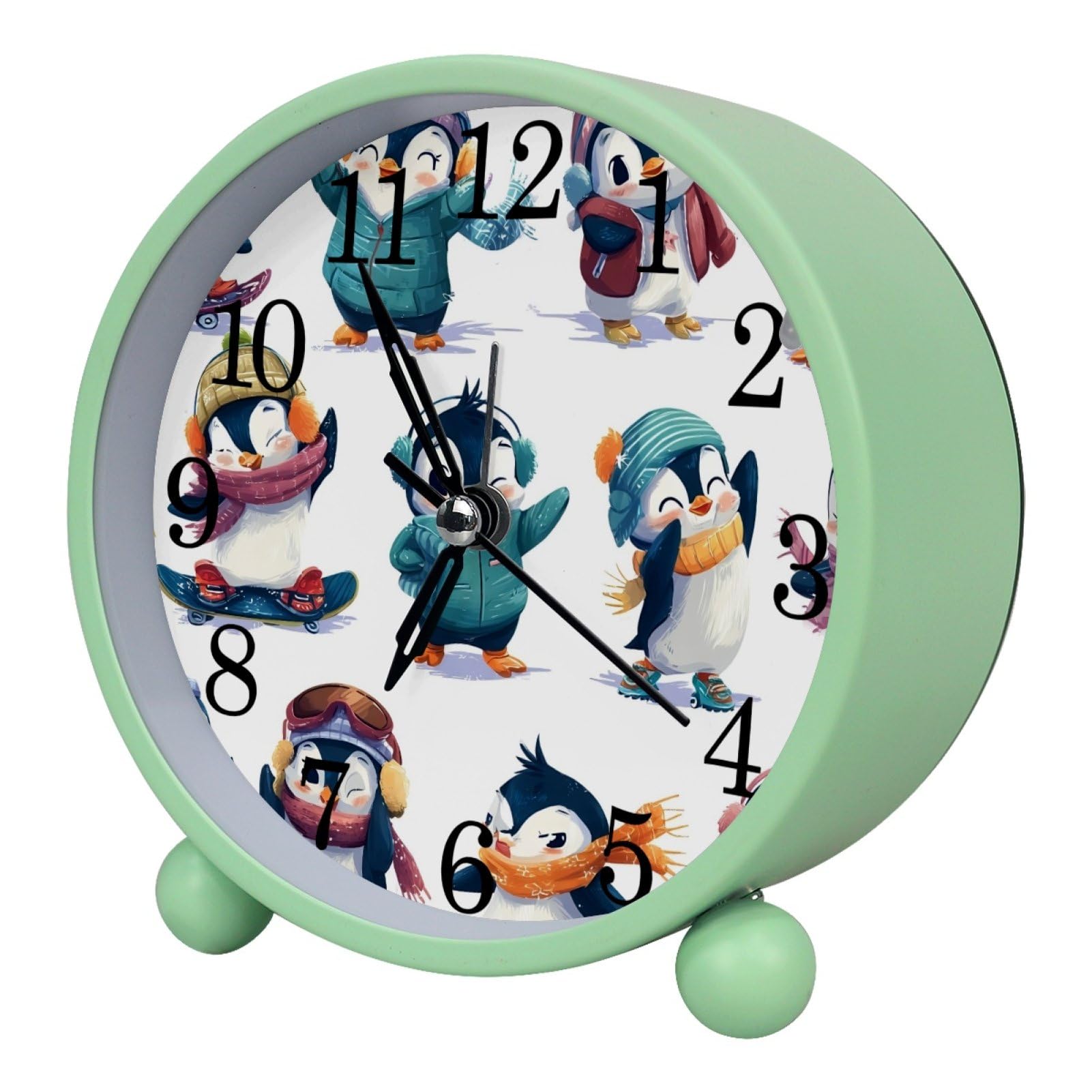 etoenbrc Anthropomorphic Penguins Round Battery Operated Bedside Alarm Clock Non-Ticking Desktop Silent Analog Alarm Clock with Light