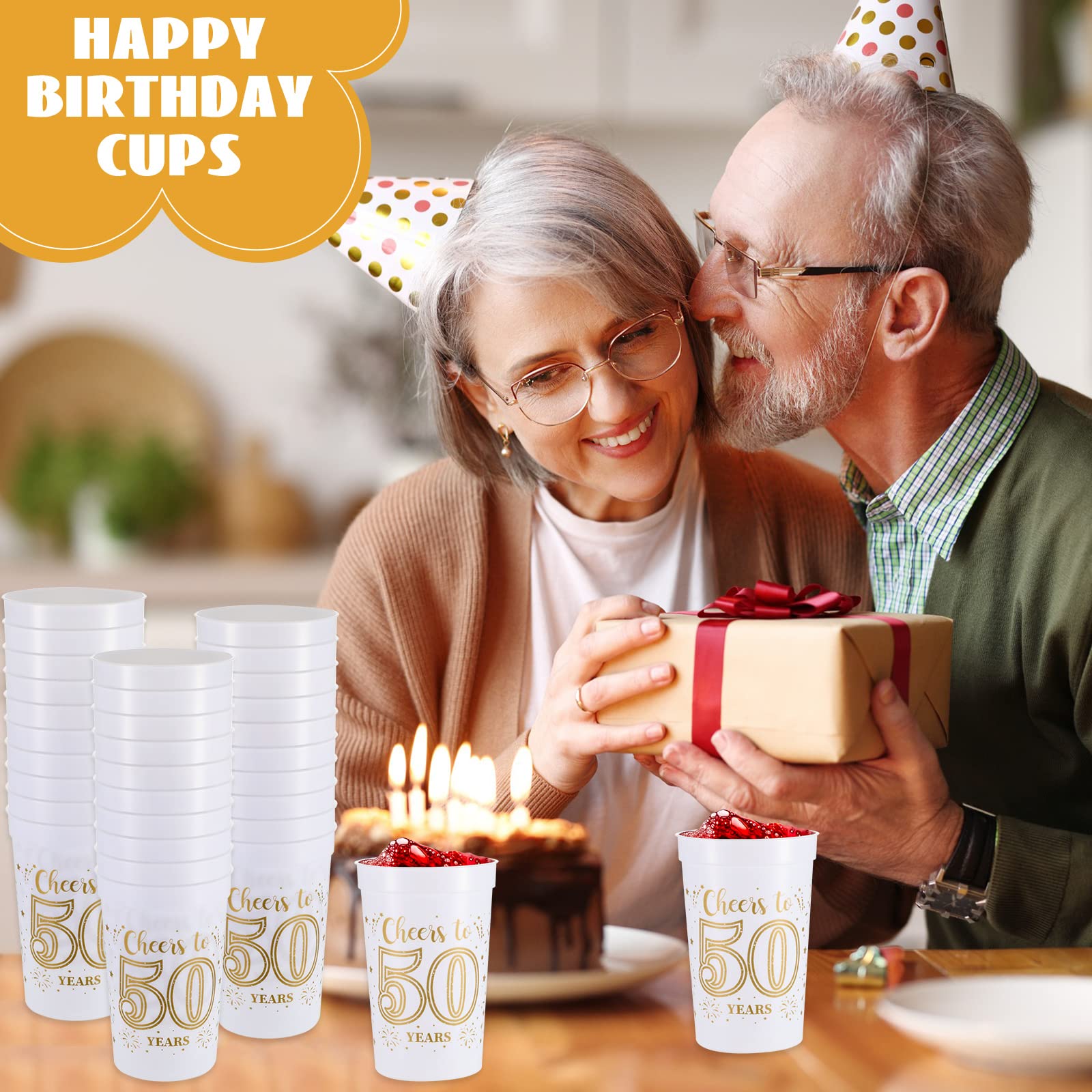 Lallisa 40 Stück 473 ml Becher zum 50. Geburtstag, Partybecher zum 50. Geburtstag, Partydekoration, Partydekoration für 50. Geburtstag, Partygeschenke für Prost bis 50 Jahre, Gold und Weiß, 40 Stück