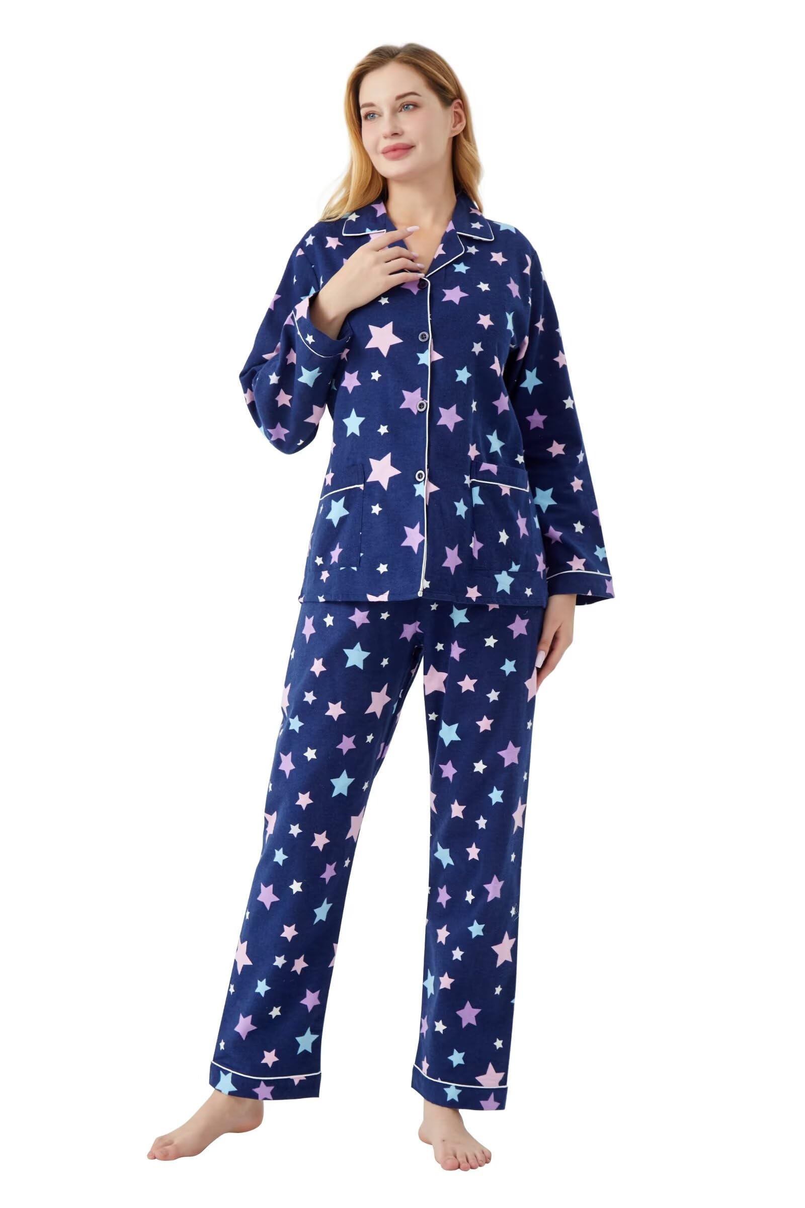 Pyjama en Flanelle de Coton pour Femme 100% Coton - Pyjama Doux et Confortable pour Femme Étoile Colorée M