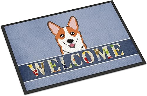 Caroline's Treasures BB1440MAT - Tapete de bienvenida de Corgi rojo para interiores o exteriores, 18 x 27 pulgadas, color azul, tapete para puerta