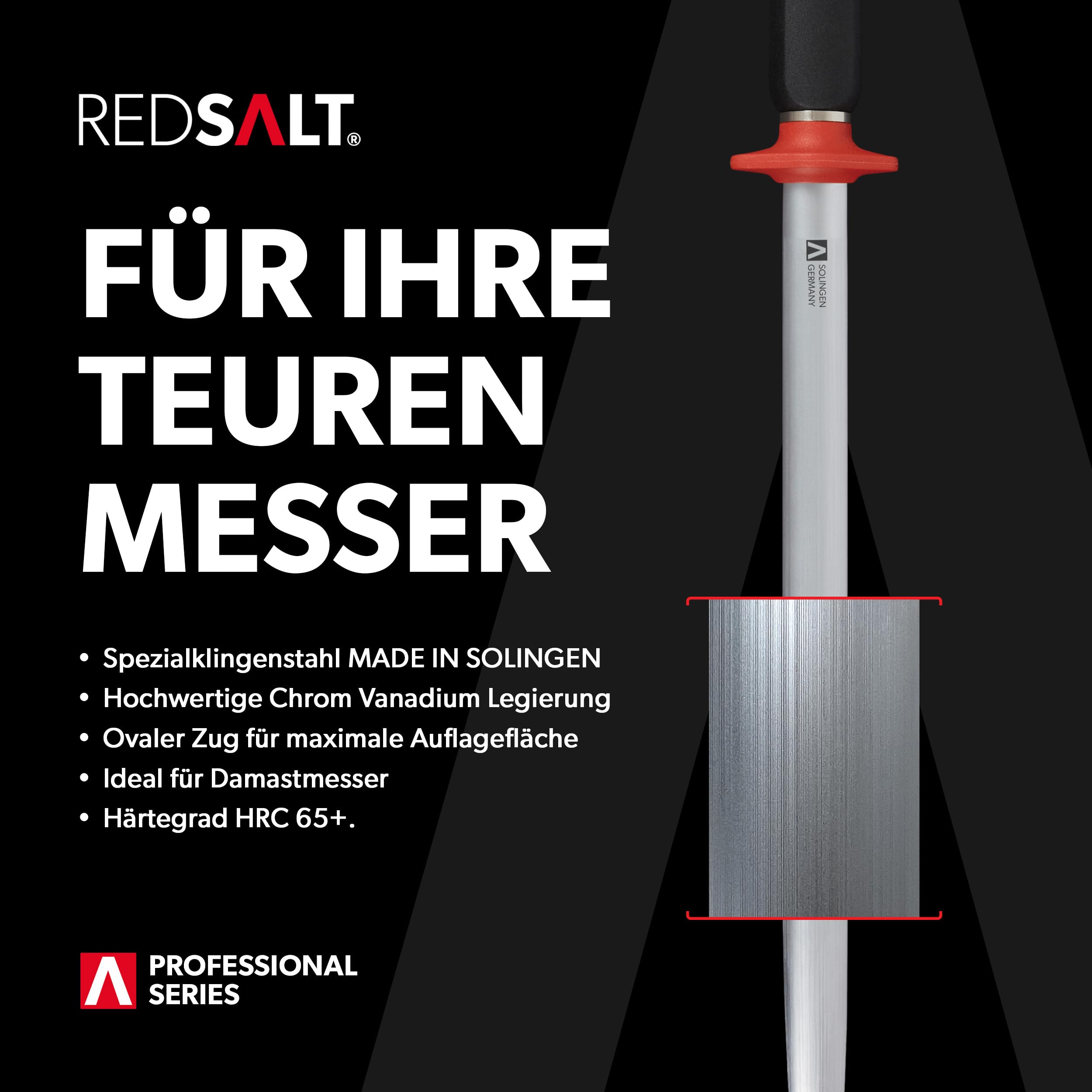 REDSALT® Profi Wetzstahl 30 cm oval – Microfeiner Saphirzug für Damastmesser & hochwertige Kochmesser | HRC 65 Chrom-Vanadium-Stahl | Made in Solingen | Premium Messerschärfer