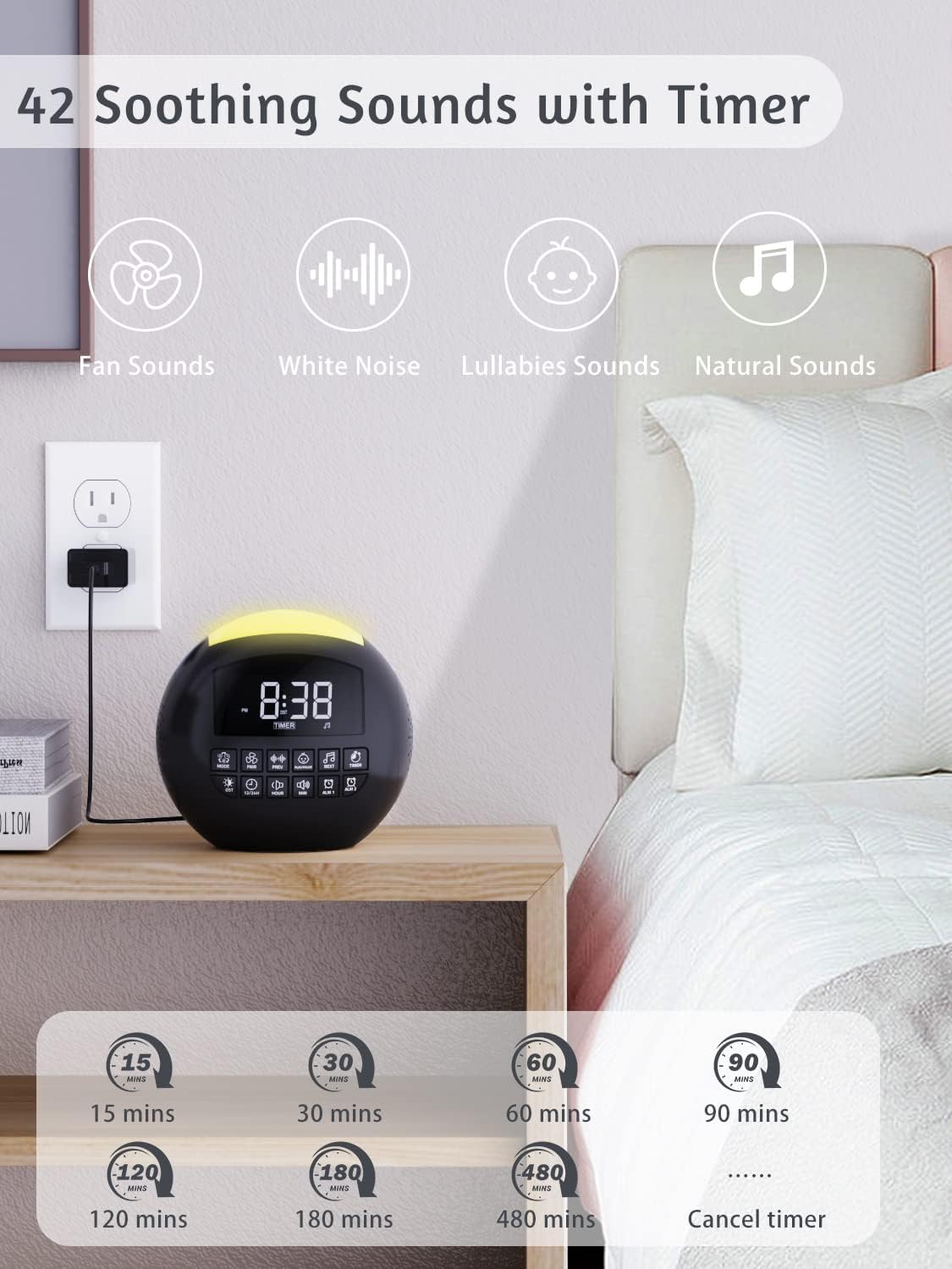 PPLEE white noise machine on a nightstand with icons representing fan sounds, white noise, lullabies, and natural sounds, and timer options below