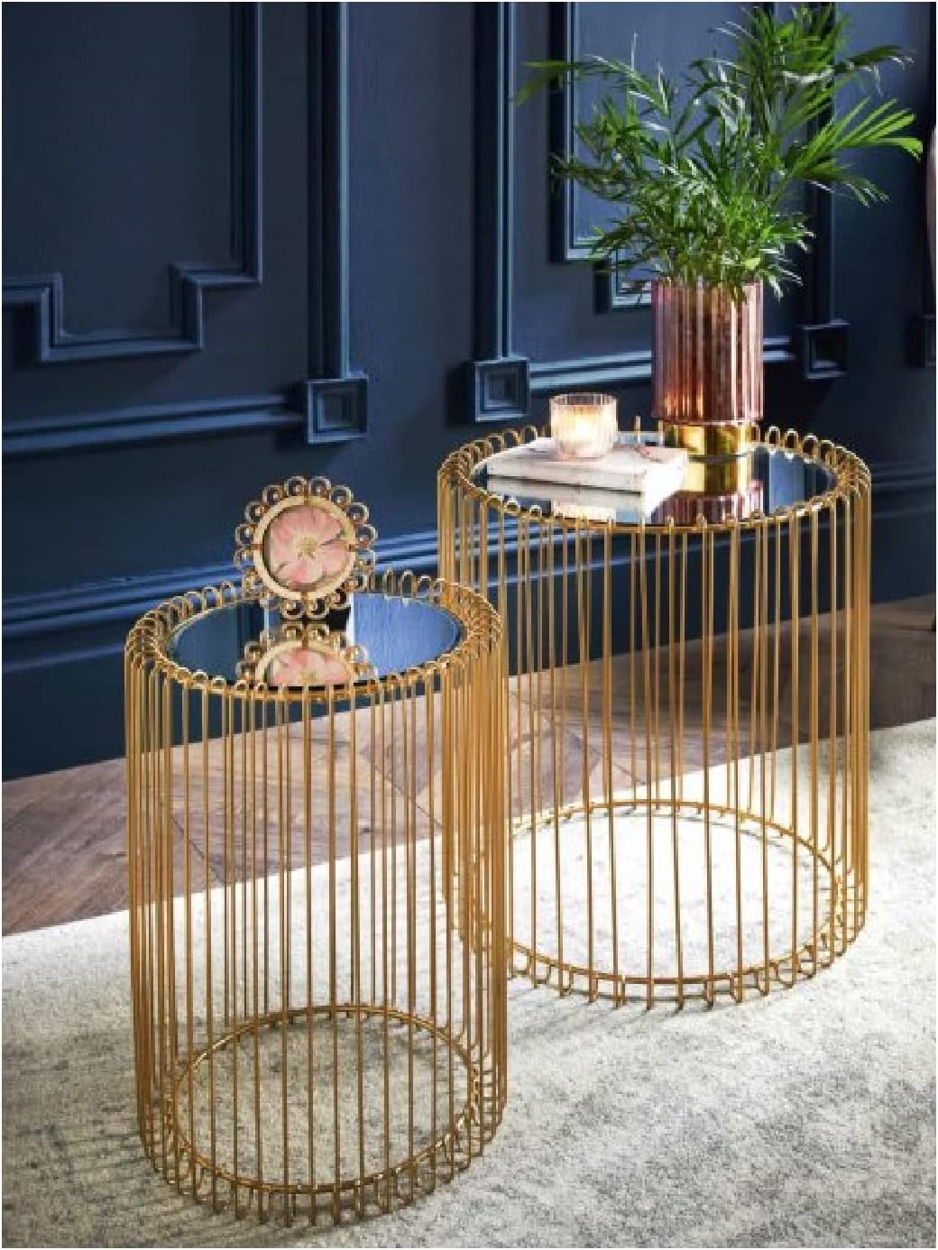 Nesting Tables Set of 2 Round End Tables Living Room Wire Coffee Table Cage Gold Bedside Glass Mirrored Top Caged Side Free standing Indoor Furniture
