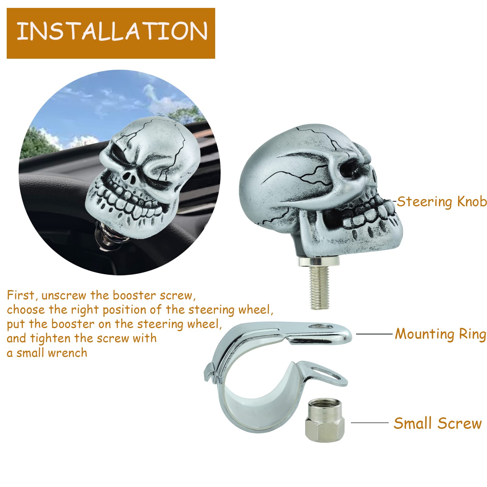 Temzzer Steering Wheel Spinner Knob Skull Truck Car Suicide Knob for Most Manual Automatic Vehicles (Silver)