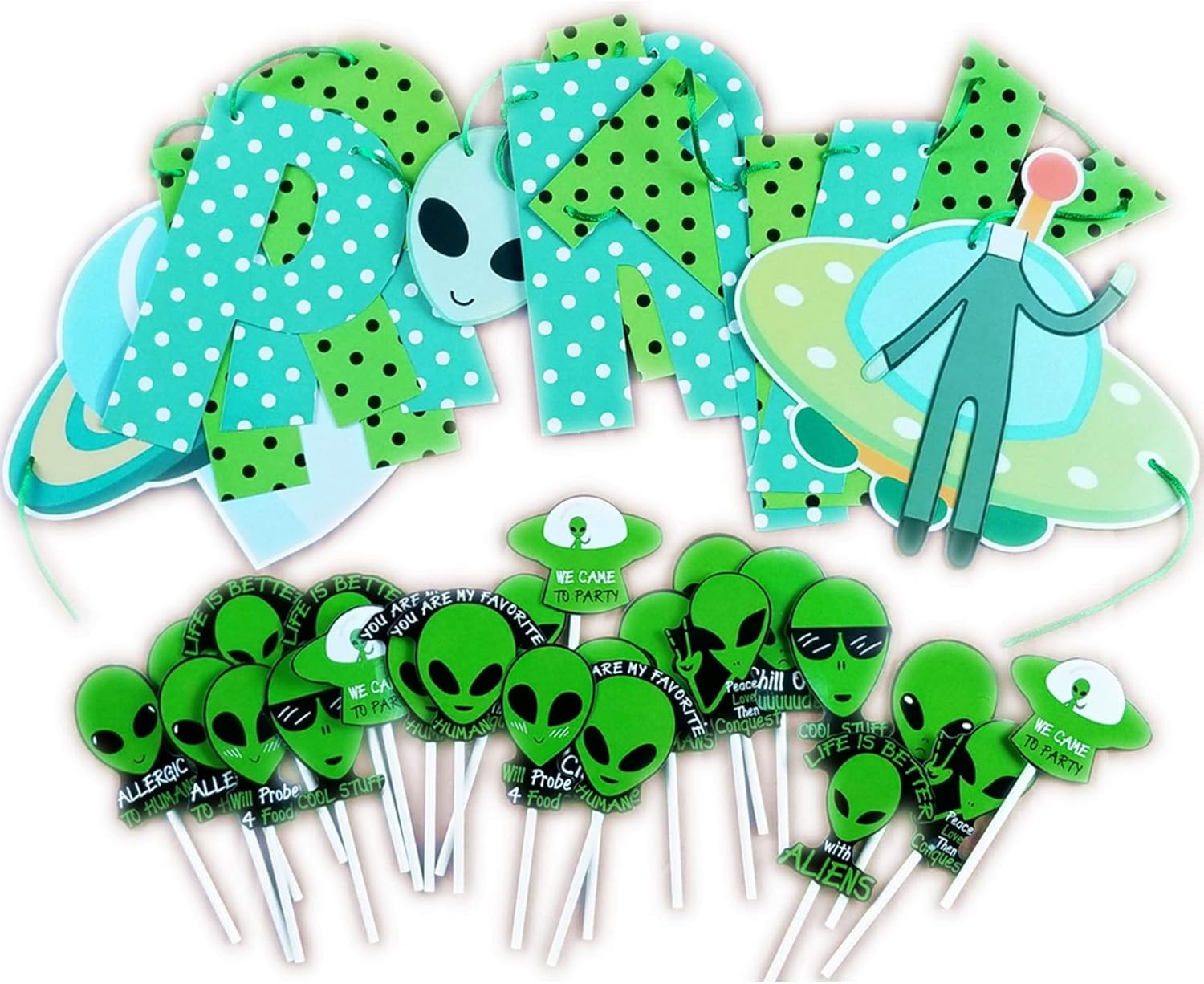 Alien Birthday Party Decoration Kit Alien Happy Birthday Banner & Cupcake Toppers Funny Hilarious Phrases UFO Alien Theme Party Decorations for Kids Adults Birthday Baby Shower Corporate