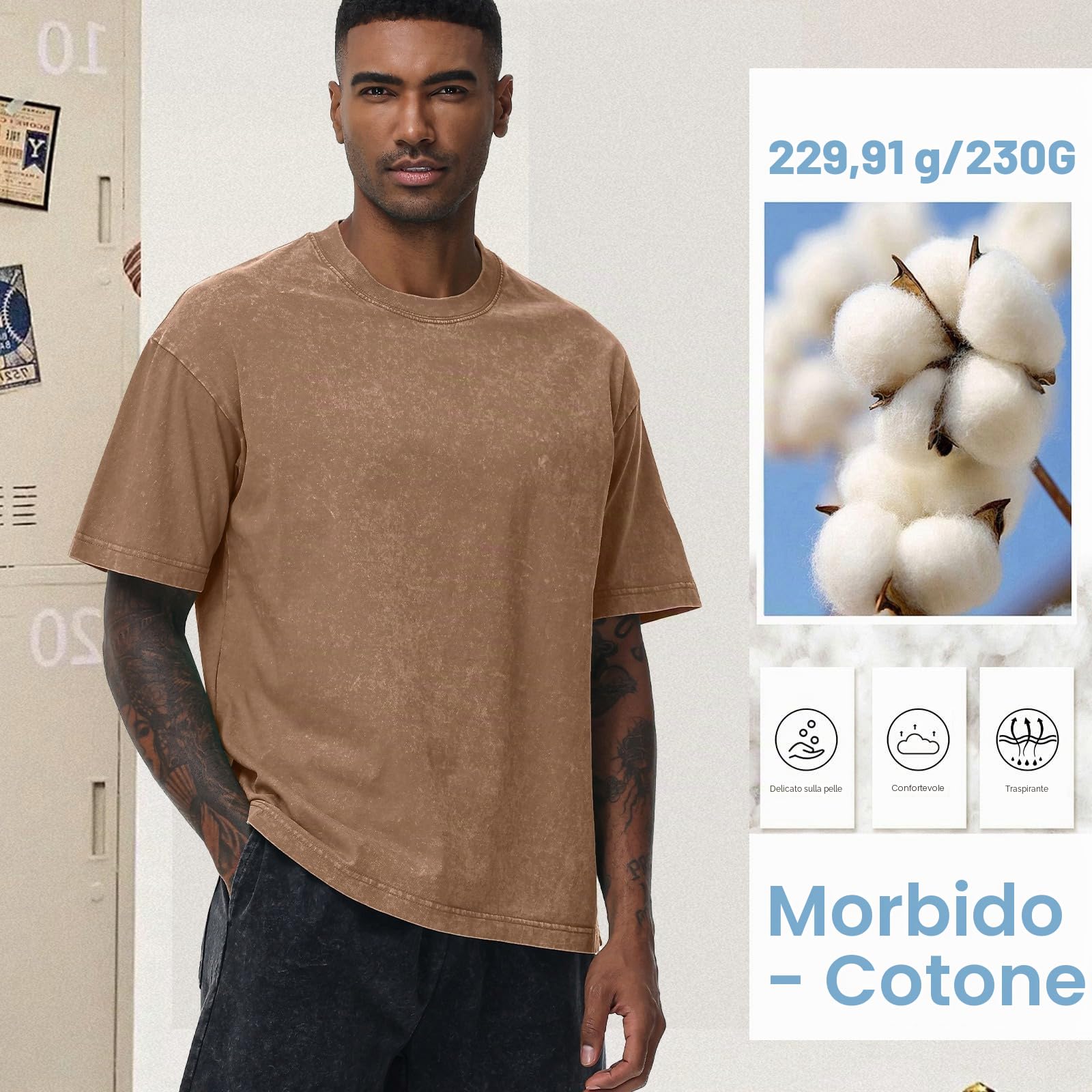 HOUZONIY 3PC T-Shirt Basic Oversized a Maniche Corte, Magliette Larghe Uomo, Washed Heavy T-Shirt Uomo, Casual, per Palestra(Beige/caffè/Grigio S)