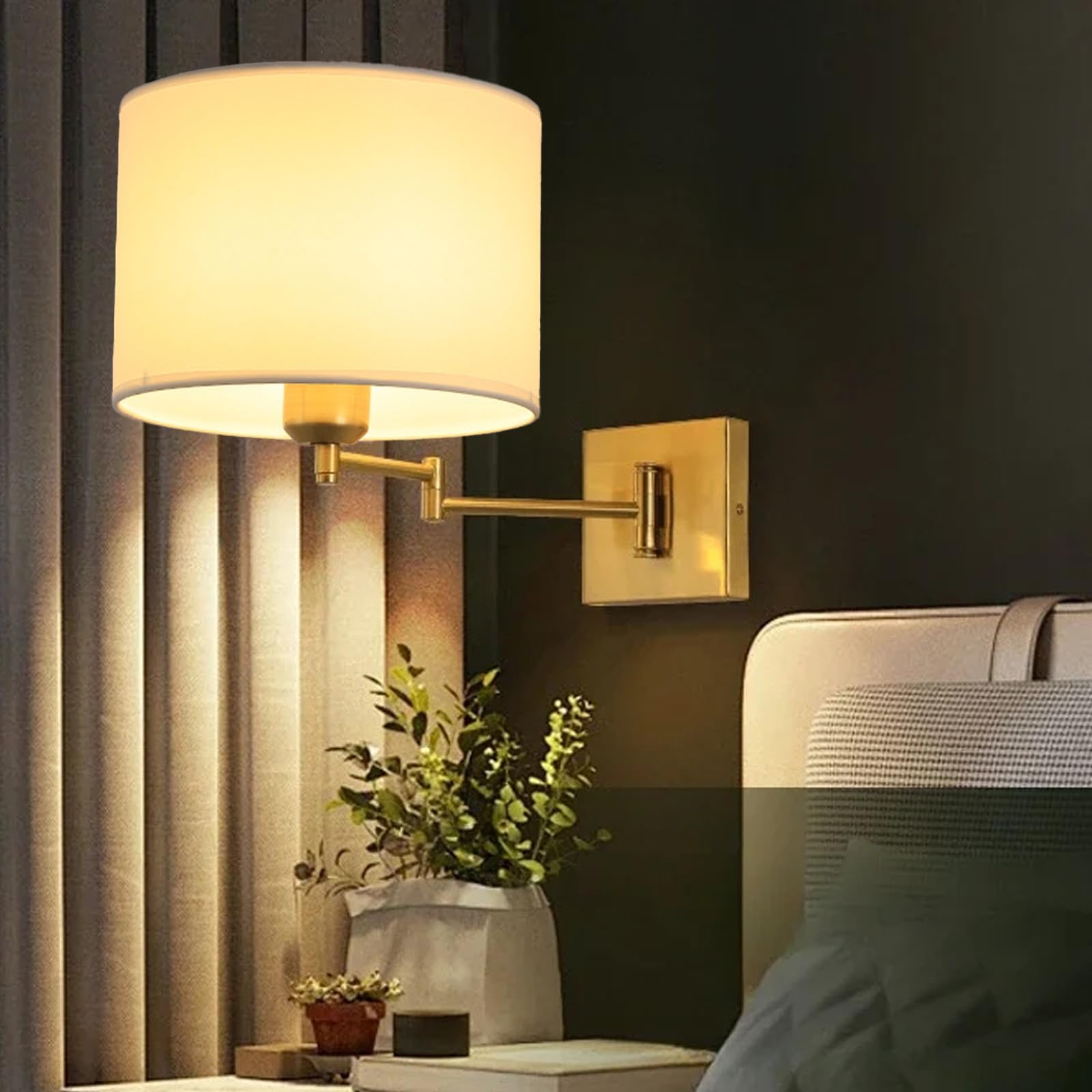 LED Indoor Wall Lights with Swing Arm Foldable Modern Wall Sconces with Fabric Shade Wall Lamps Bedroom Bedside Lighting Fixture for Living Room Hallway Reading Room (Copper Circular,White Light)