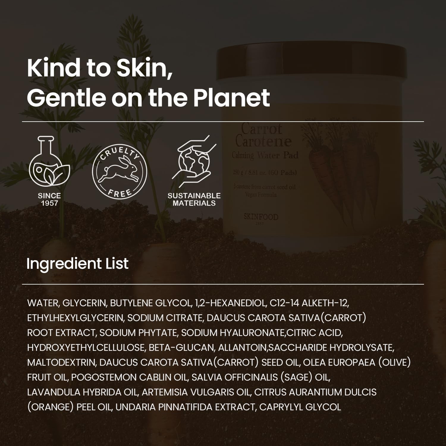 SKIN FOOD since 1957 Almohadilla de agua calmante de zanahoria caroteno 250 g (8.81 oz.) 60 hojas - Alivio del enrojecimiento Almohadillas de algodón faciales calmantes para pieles sensibles