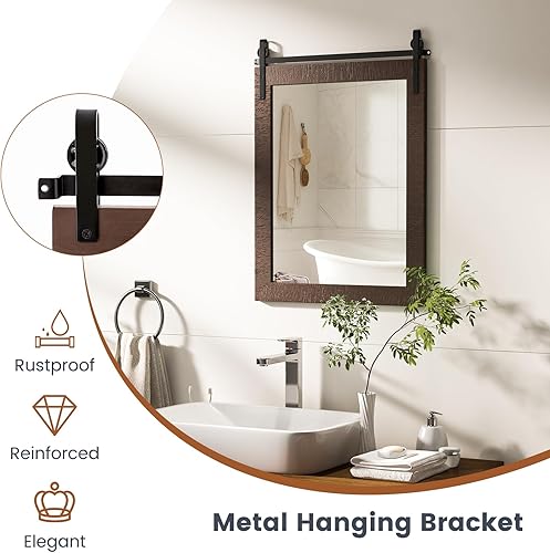 Miniatura 4 de Tangkula Espejo de pared de granja, espejo de baño rústico con marco de madera y soporte de metal, espejo de puerta de granero montado en la pared