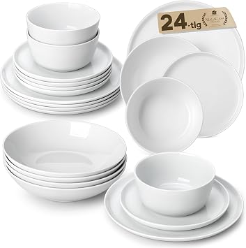 MALACASA LEXI Series 24-Piece Porcelain Bowl and Plate Set Dinner Service for 6 People White Dinner Plates & Bowls Round Dinnerware Set Dishwasher & Microwave Safe Series LEXI