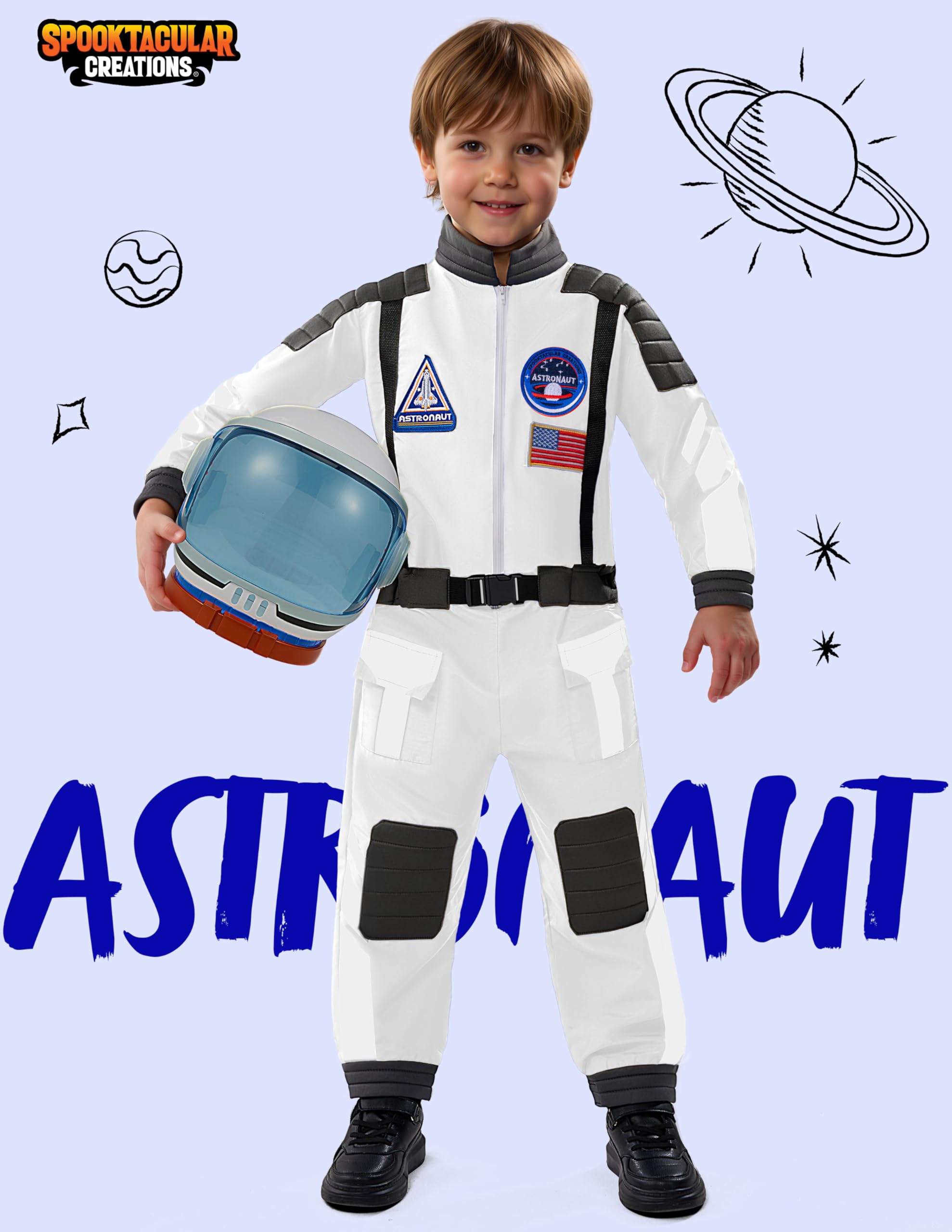 Spooktacular Creations Kostium astronauty z kaskiem, kostium astronauty w stylu vintage, kostium dla dzieci, przebranie lotnika dla dzieci, unisex, na imprezę tematyczną Halloween, biały, 3T
