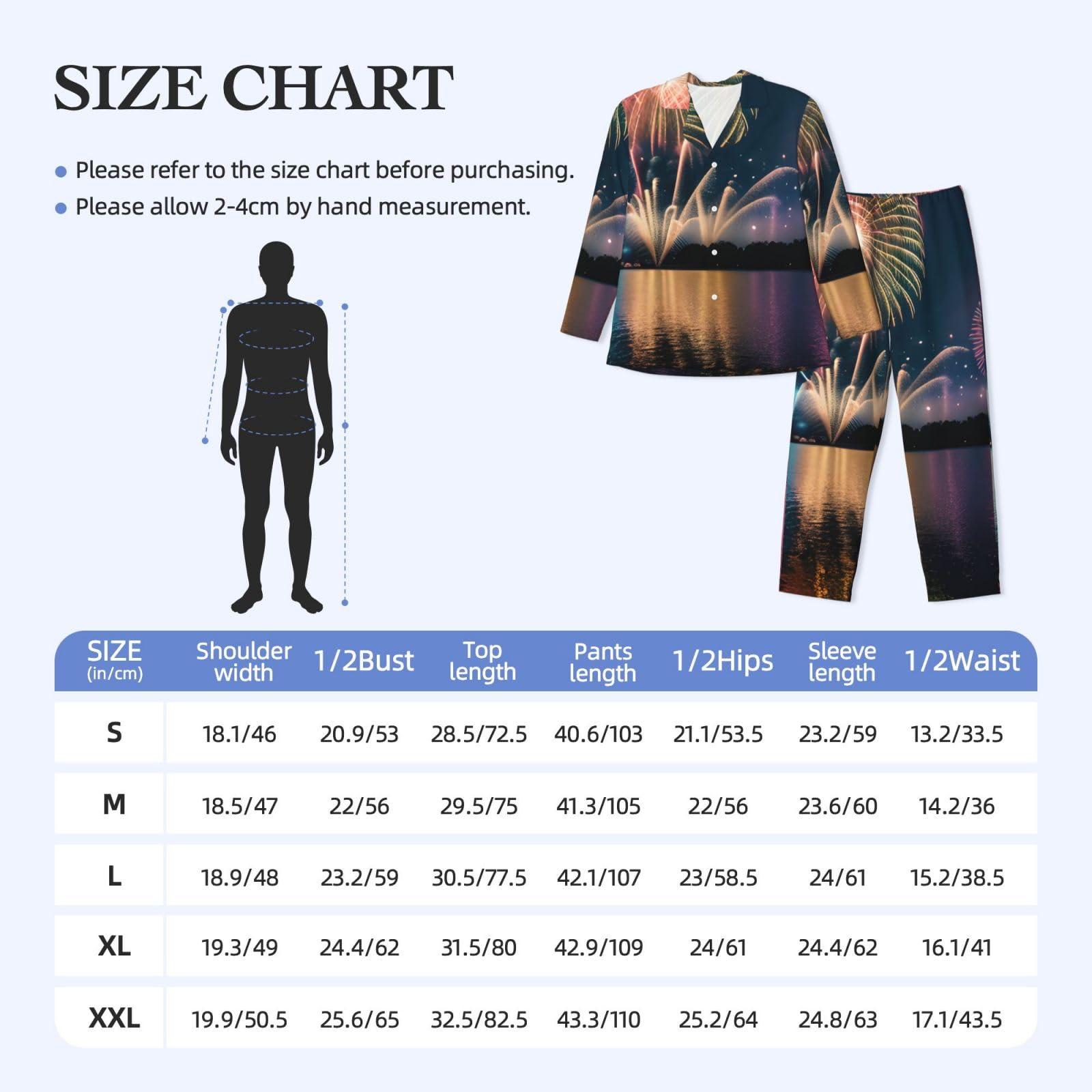 Herren-Pyjama-Set mit Feuerwerks-Aufdruck, langärmelig, zweiteilig, Hauskleidung, bequeme Nachtwäsche