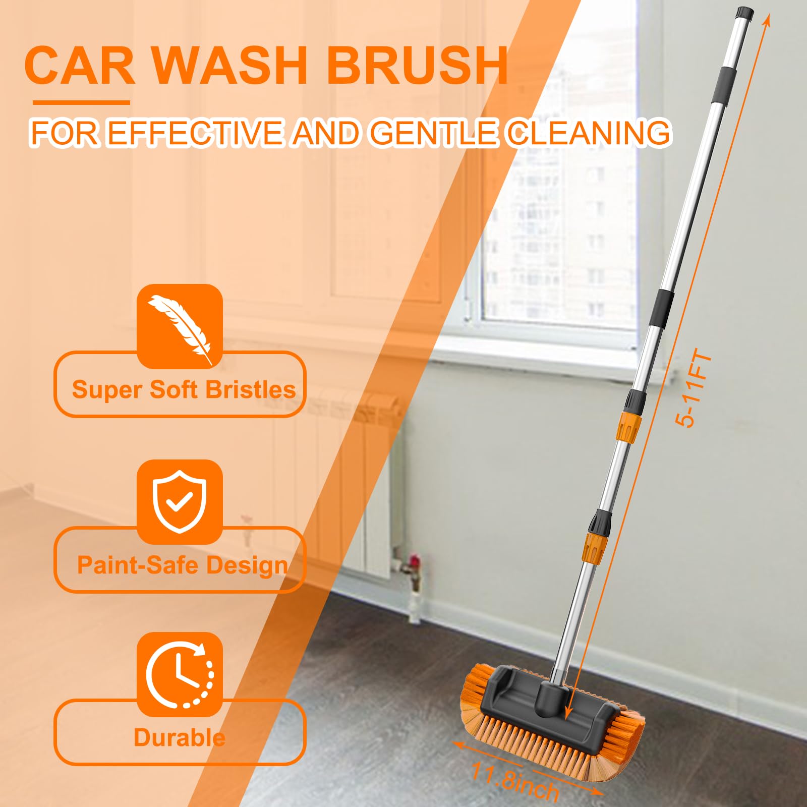 SISUPASSIE Cepillo para Lavar Coches de 3,6 m con Mango Largo, Cepillo de Limpieza para Coches Alimentado por Agua con Poste Telescópico, Cepillo Antirrayas de Cerdas Suaves de 30 cm para Coches