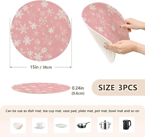 Miniatura 2 de 3 Pcs Microwave Trivet for Hot Pots and Pans 15in Cotton Thread Weave Hot Pads for Instant Pot Kitchen Decor White Snowflakes Glitter Pink