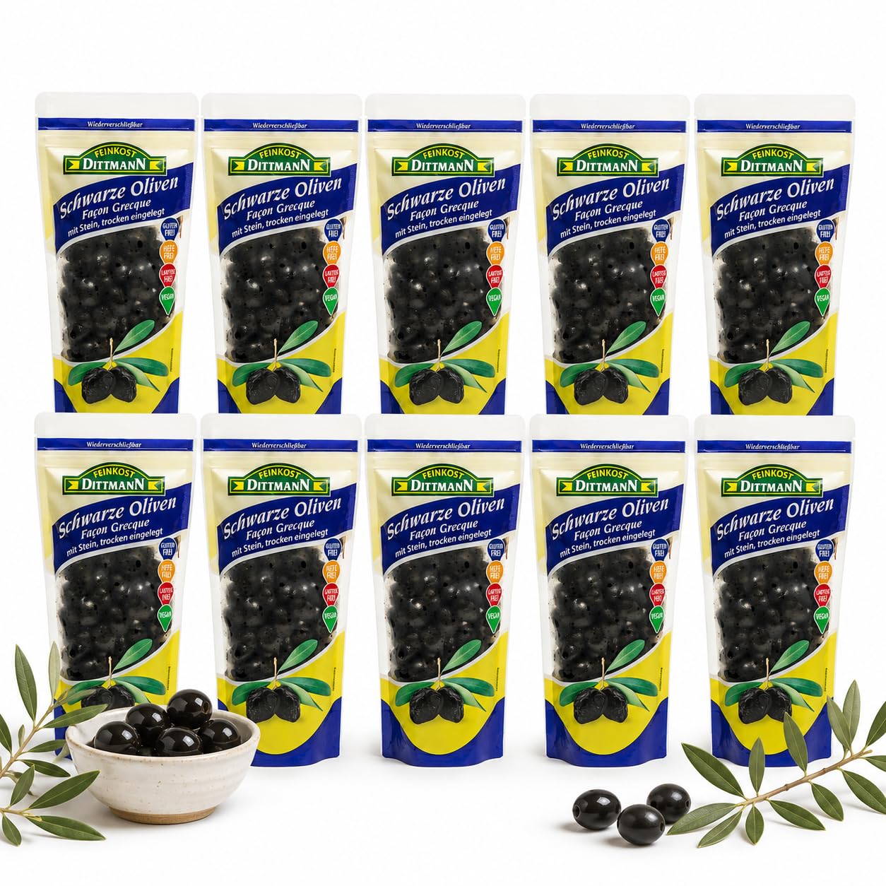 Feinkost Dittmann Naturgereifte Oliven Schwarz Facon Greque mit Steinn 250g | Wiederverschließbarer Standbeutel, 10er Pack - Trocken eingelegte Schwarze Olivenfrucht - Ideal für Tapas, als Snack uvm.