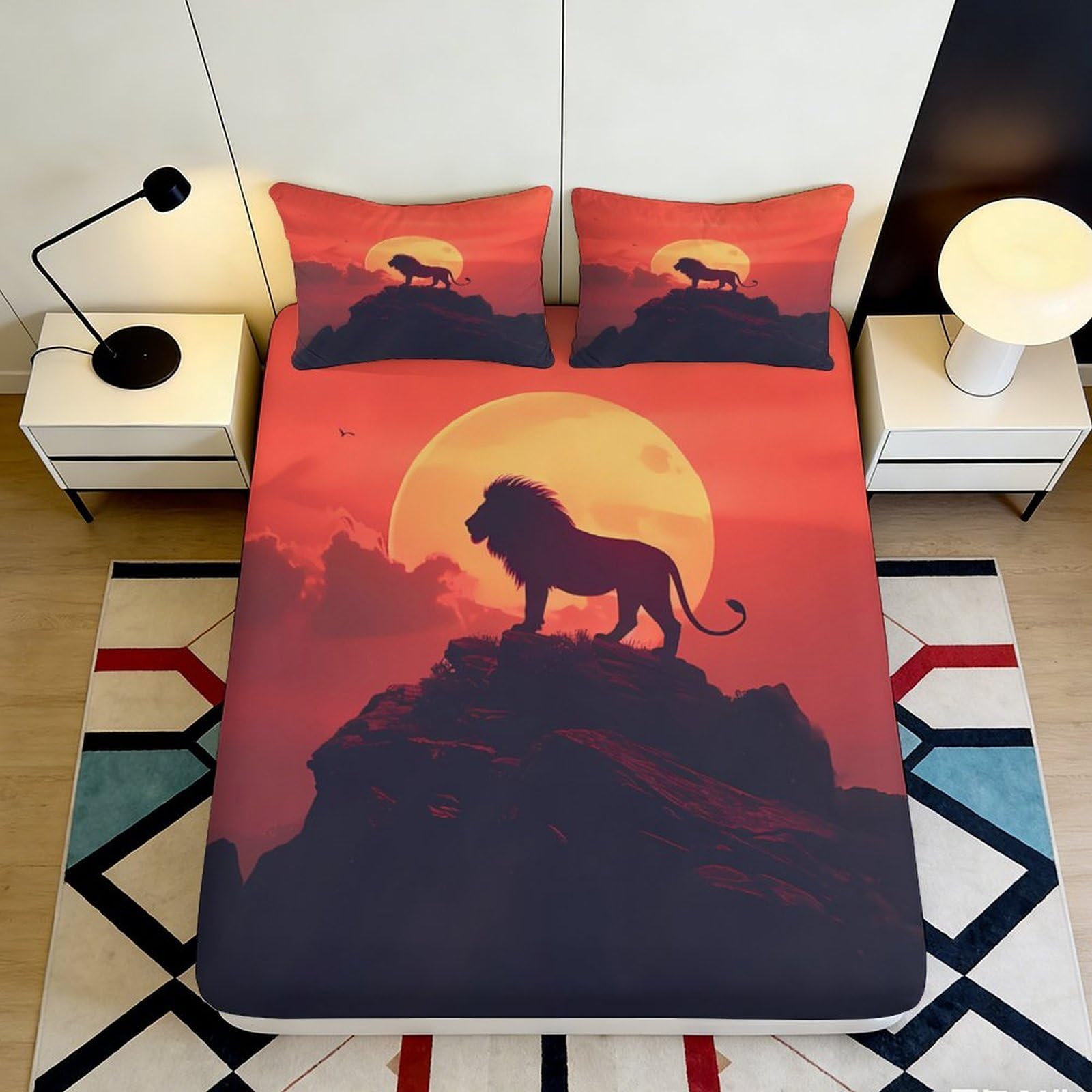3D Printed Sunset Lion Fitted Sheet Microfiber Soft Breathable Savanna Silhouette Mattress Cover for Bedroom Dorm Decor 90x200x25cm