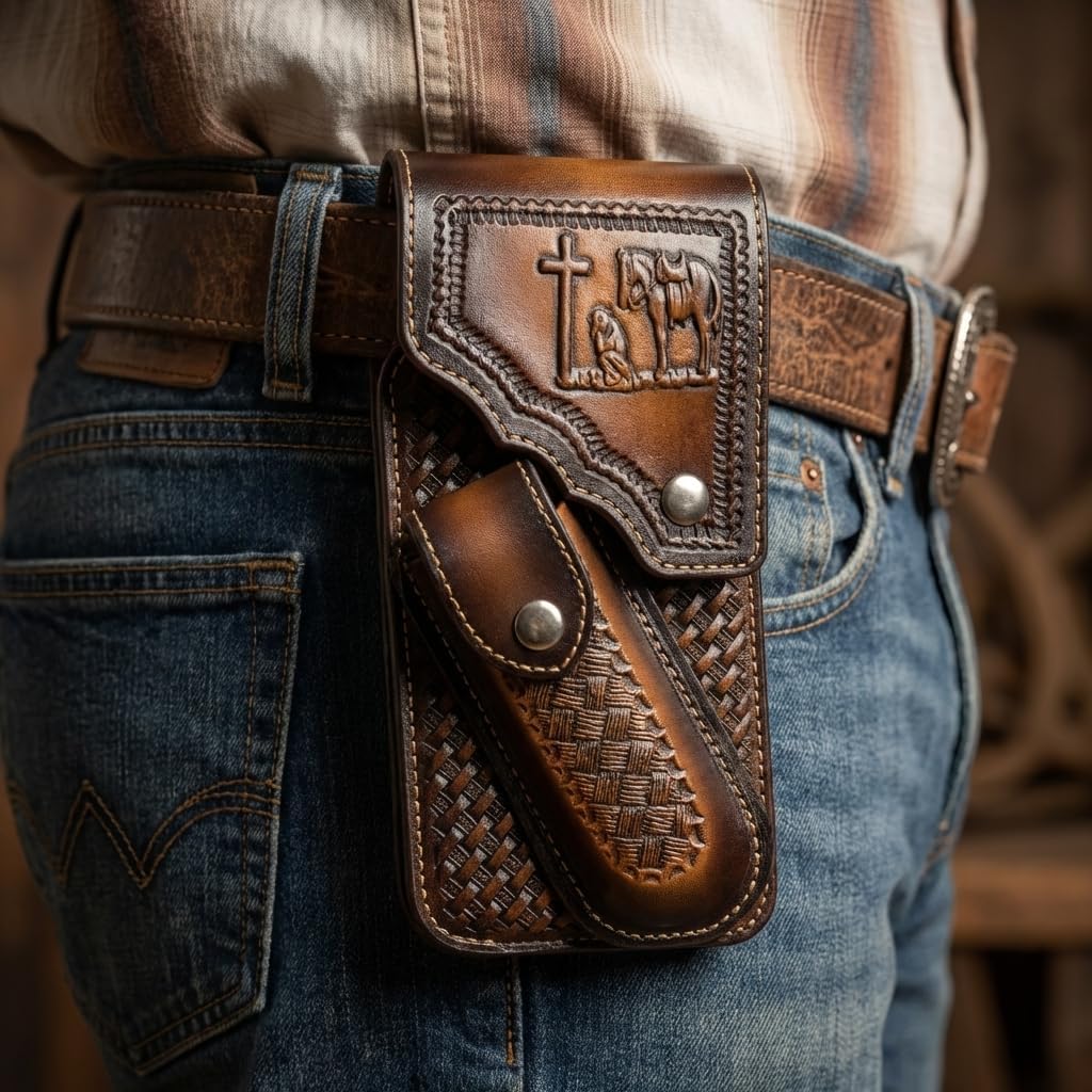 Leather Phone Holster with Knife Sheath - Praying Cowboy Embossed Belt Clip Pouch - Basketweave Pattern (Brown)