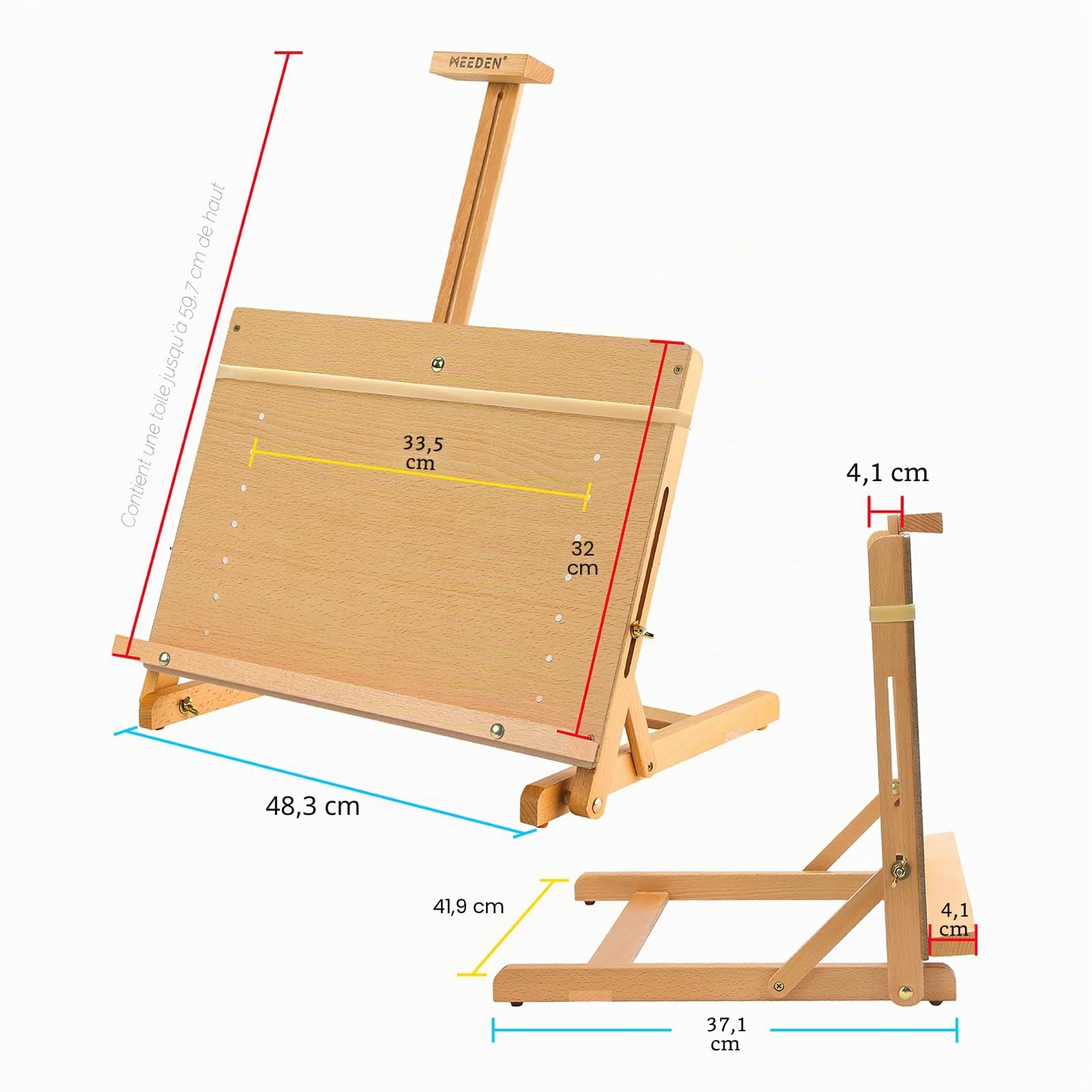 MEEDEN Grande planche à dessin en bois de hêtre massif avec cadre en H réglable pour artistes, adolescents et peintres, peut contenir une toile jusqu'à 58,4 cm de haut
