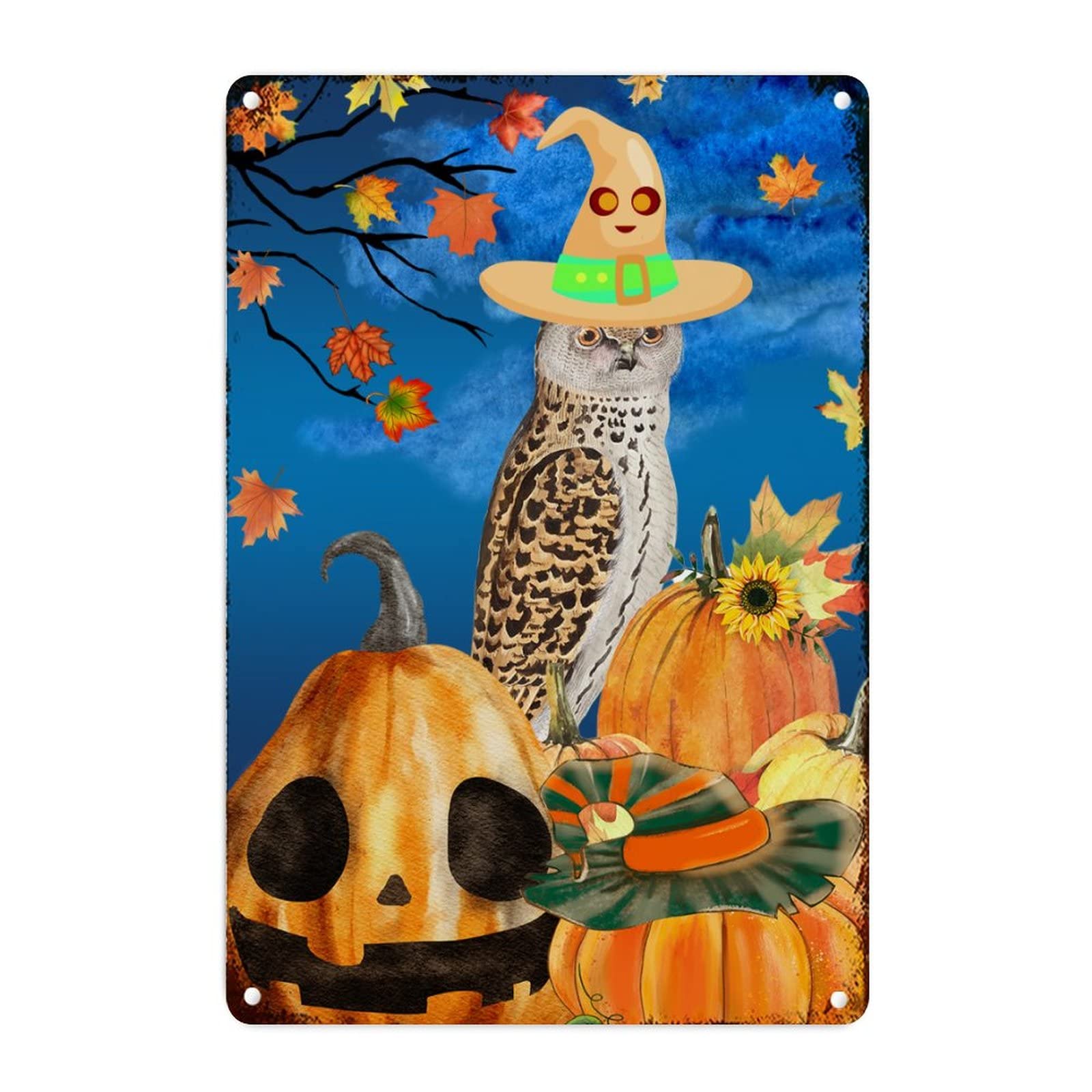 Hibou d'Halloween avec chapeau de sorcière plaque murale métal au style vintage