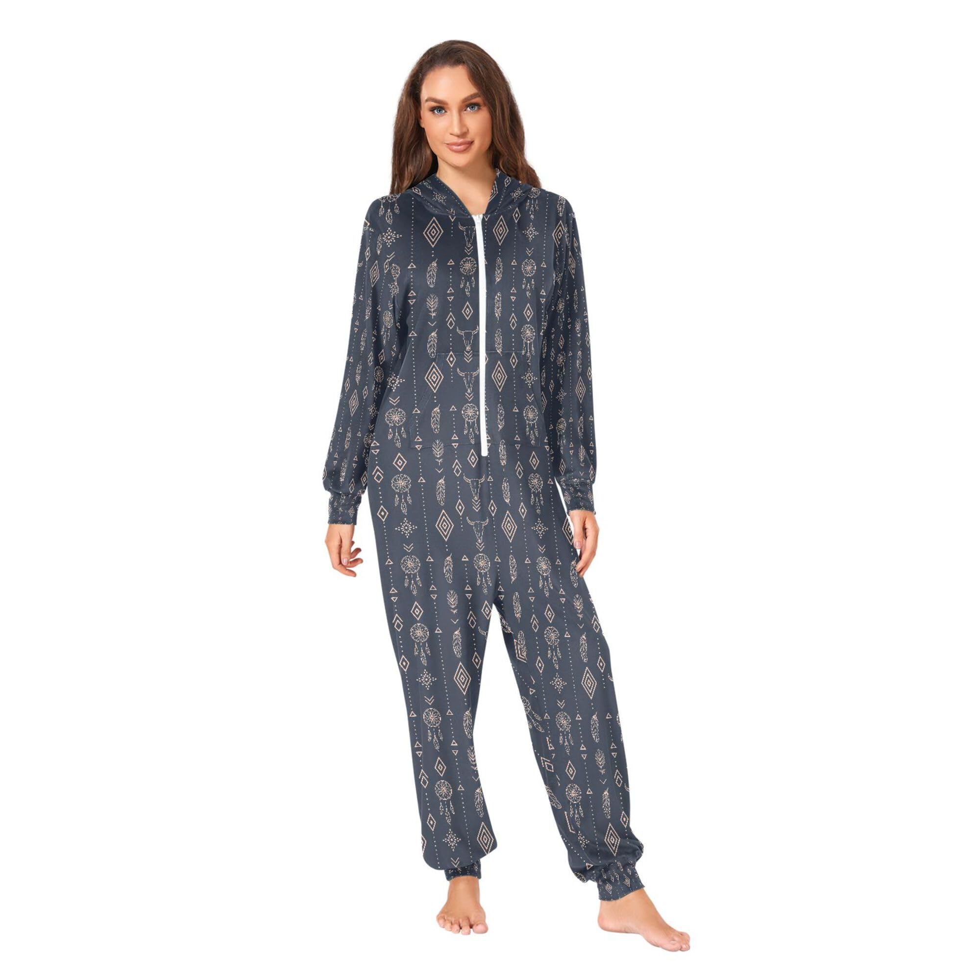 Onesie dla mężczyzn piżama z kapturem damskie zestawy piżam zachodnich czaszki byka i geometryczna bielizna nocna