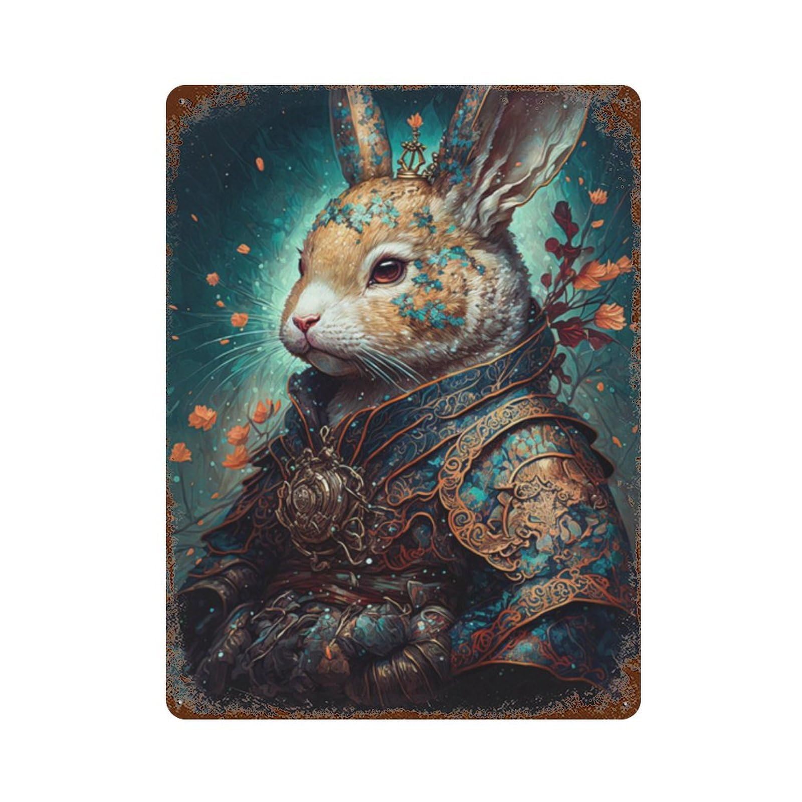 Rabbit in Armor Fantasy Art Rust Effect Tin Sign 15.7"x11.8", Farmhouse Wall Decor for Living Room, Hallway And Home Decor