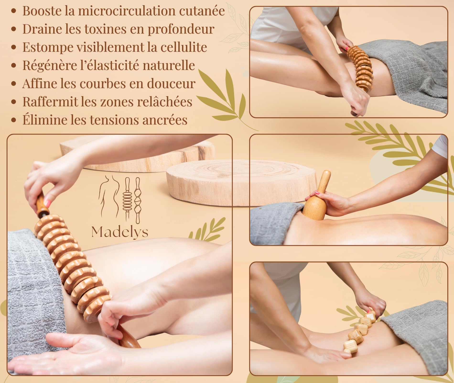 Kit Maderotherapie Complet Corps Cellulite – Outils de Massage en Bois de Hêtre Certifié FSC | Anti-Cellulite, Drainage Lymphatique, Ventre Plat | Wood Therapy Premium MADELYS®