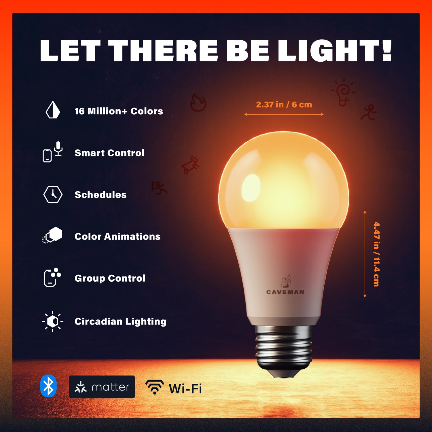 Caveman Matter & WiFi A19 Smart LED Light Bulb, RGBW Color Changing, Tunable Warm & Cool White 800LM (60W Equivalent) – Alexa, Google Home, Apple Home Bulb (2pk)