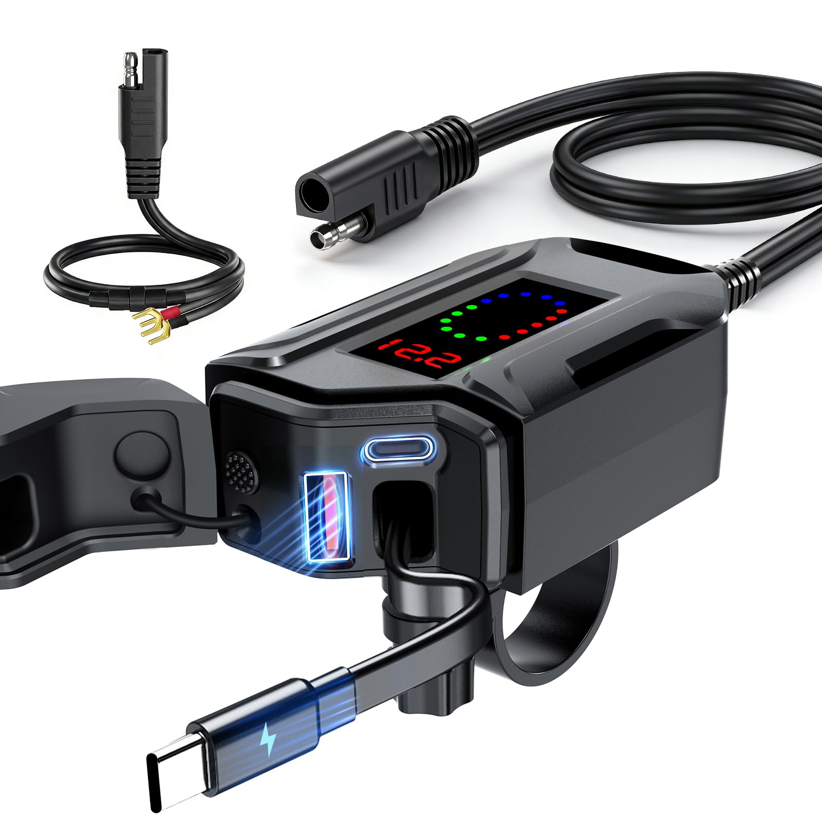 USB Moto Impermeabile con un cavo di ricarica rapida Type-C retrattile lungo 70 CM, 3 in 1 Caricabatterie da Moto per Cellulare USB con Interruttore Voltmetro LED per SUV Marine Motorcycle (2)