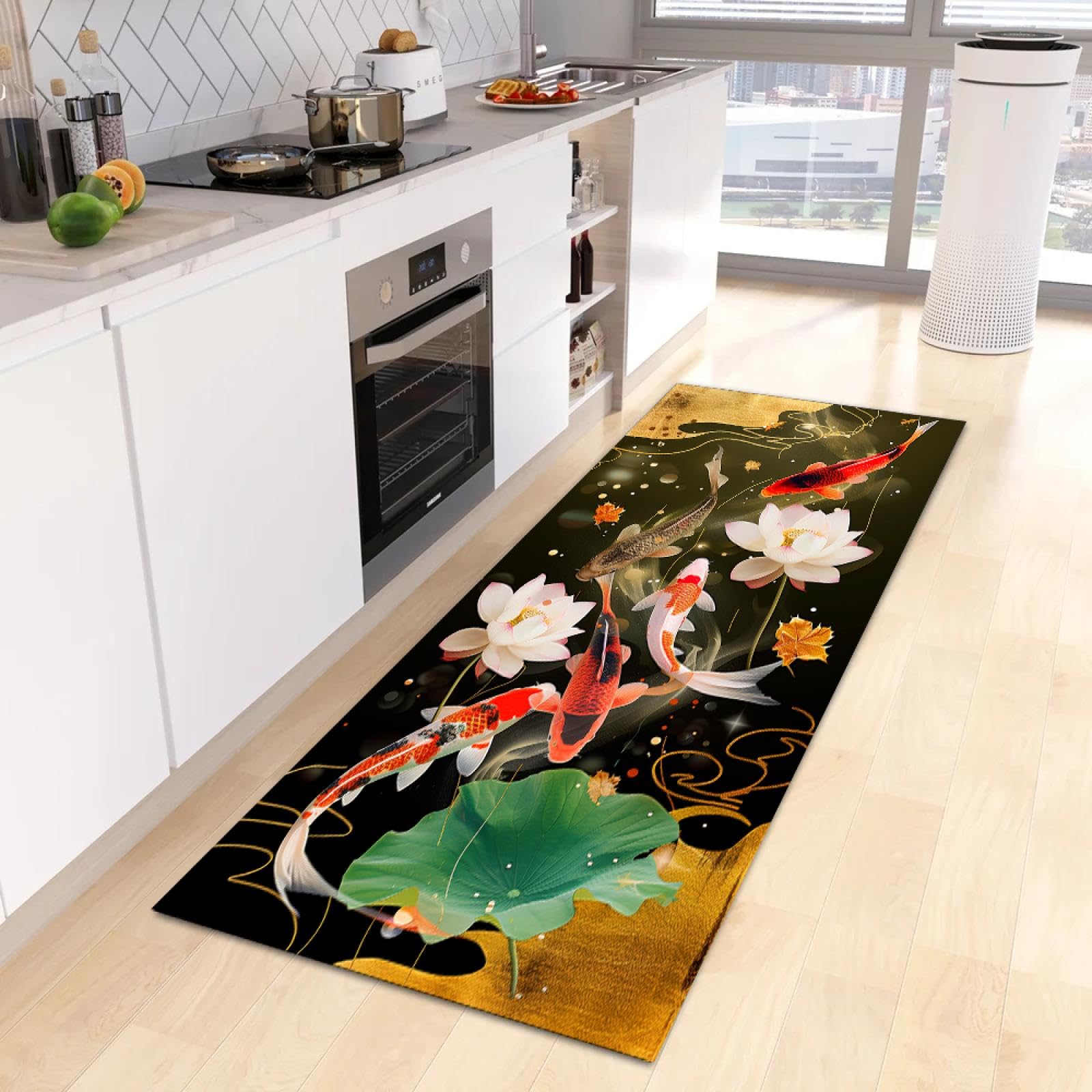 Tapis lotus doré koi 80x250 cm de couloir et salon