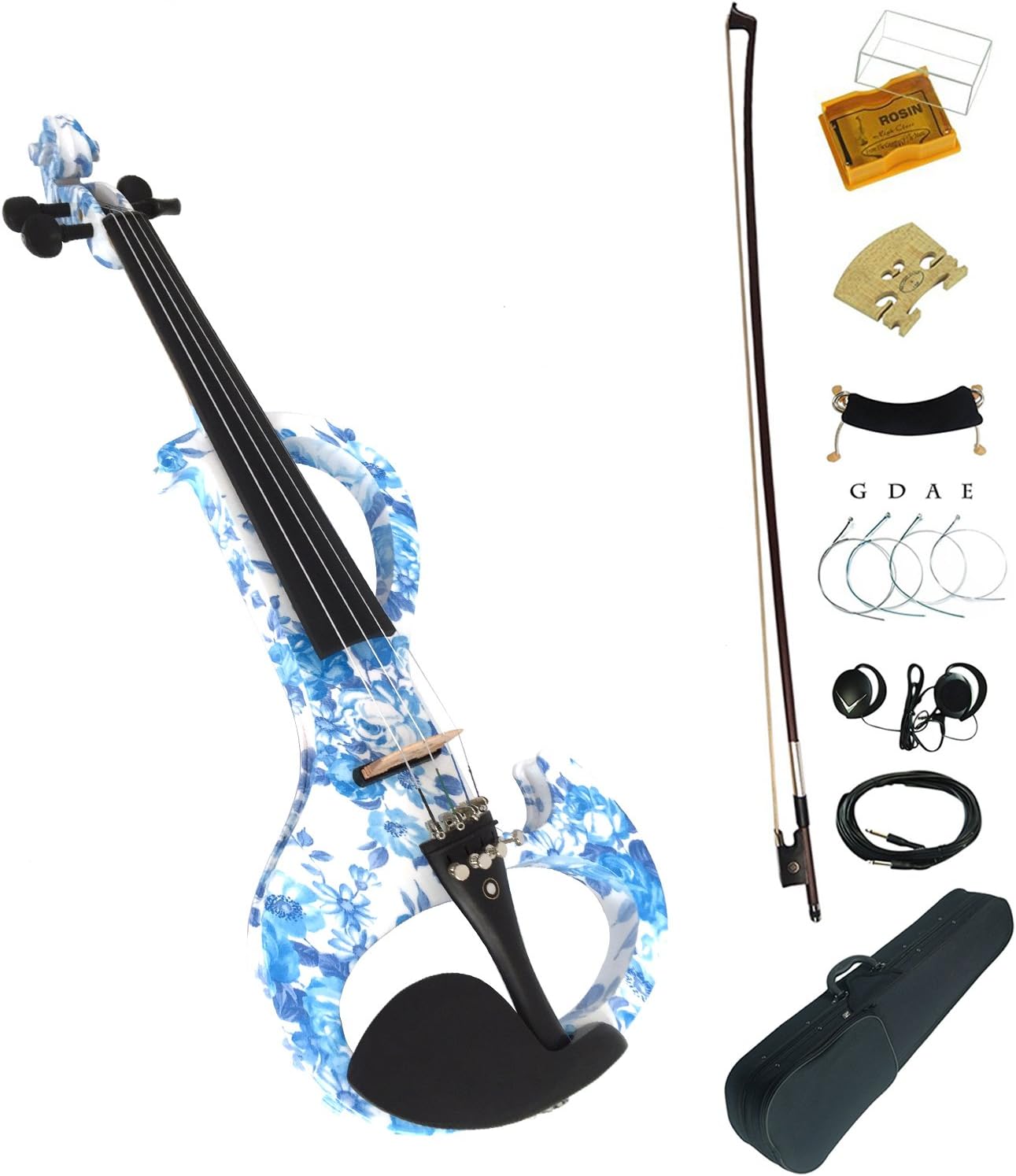 Aliyes Wood Electric Violin Full Size 4/4 Intermediate-A Electric Silent White&Blue Flowers Violin Kit With Case,Bow,Rosin,headphones,Shoulder Rest,Strings(ALDSZA-1201)