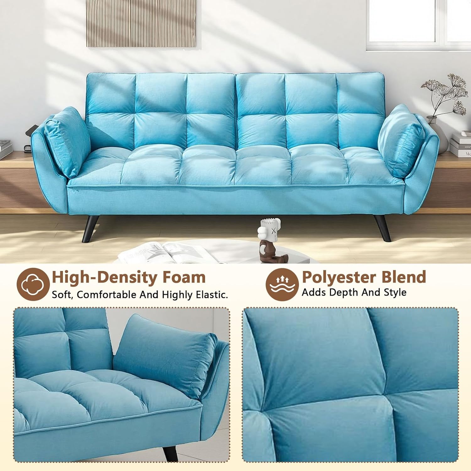 Convertible Folding Sofa Bed Futon,Modern Velvet Sleeper Bed Couches with 4 Adjustable Backrest Armrest,74"Comfy Recliner Sofa Loveseat with Chrome Legs for Living Room Apartment Small Home (Blue)