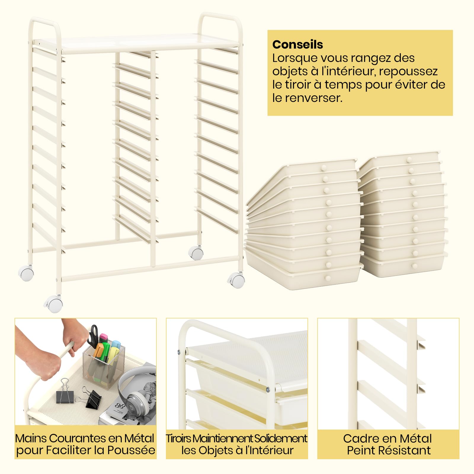 GOPLUS Desserte à Roulettes avec 20 Tiroirs Amovibles en Plastique, 63 x 38 x 89 CM, Chariot de Rangement à Roulettes Verrouillable, Cadre en Acier, Poignée Latéral, pour Chambre, Bureau (Blanc)