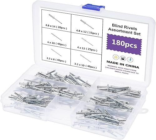 OCR Remaches ciegos de aluminio, 180 unidades, 6 tamaños, remaches de extracción de núcleo, remaches decorativos de acero, mandril, clavos, cúpula