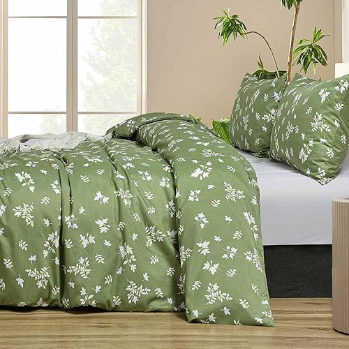 Miniatura 3 de Juego de edredón de tamaño matrimonial, juego de cama reversible con estampado floral verde y blanco, juego de cama alternativo de plumón