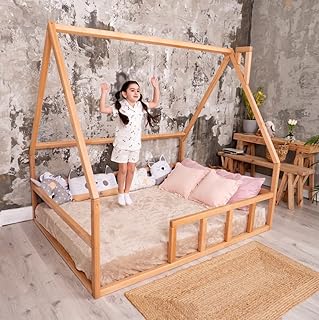 BUSYWOOD Montessori Platform Bed - Toddler bed - Kids Floor Bed House Frame - Natural Wood Daybed Frame - Unique bed (Model 1, Natural Wood, Floor Bed)